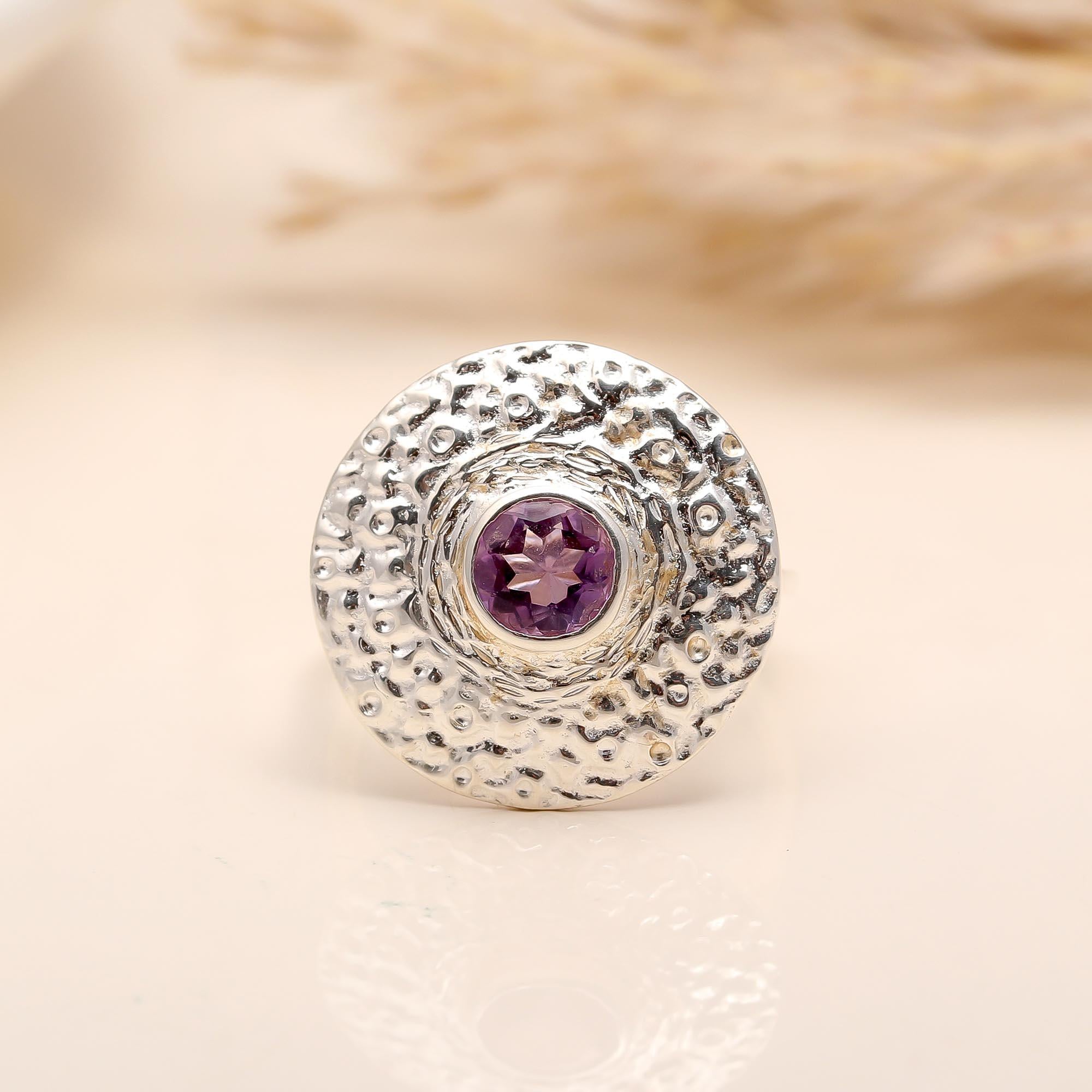 925 Silver Amethyst Hammered Disc Ring