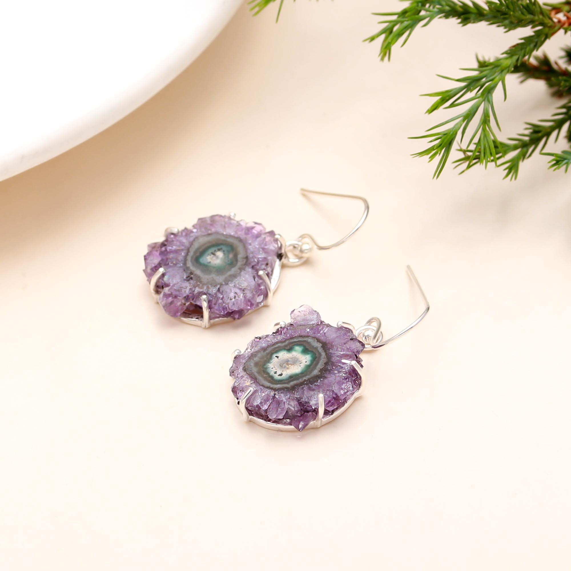 925 Silver Raw Amethyst Stalactite Dangle Earrings