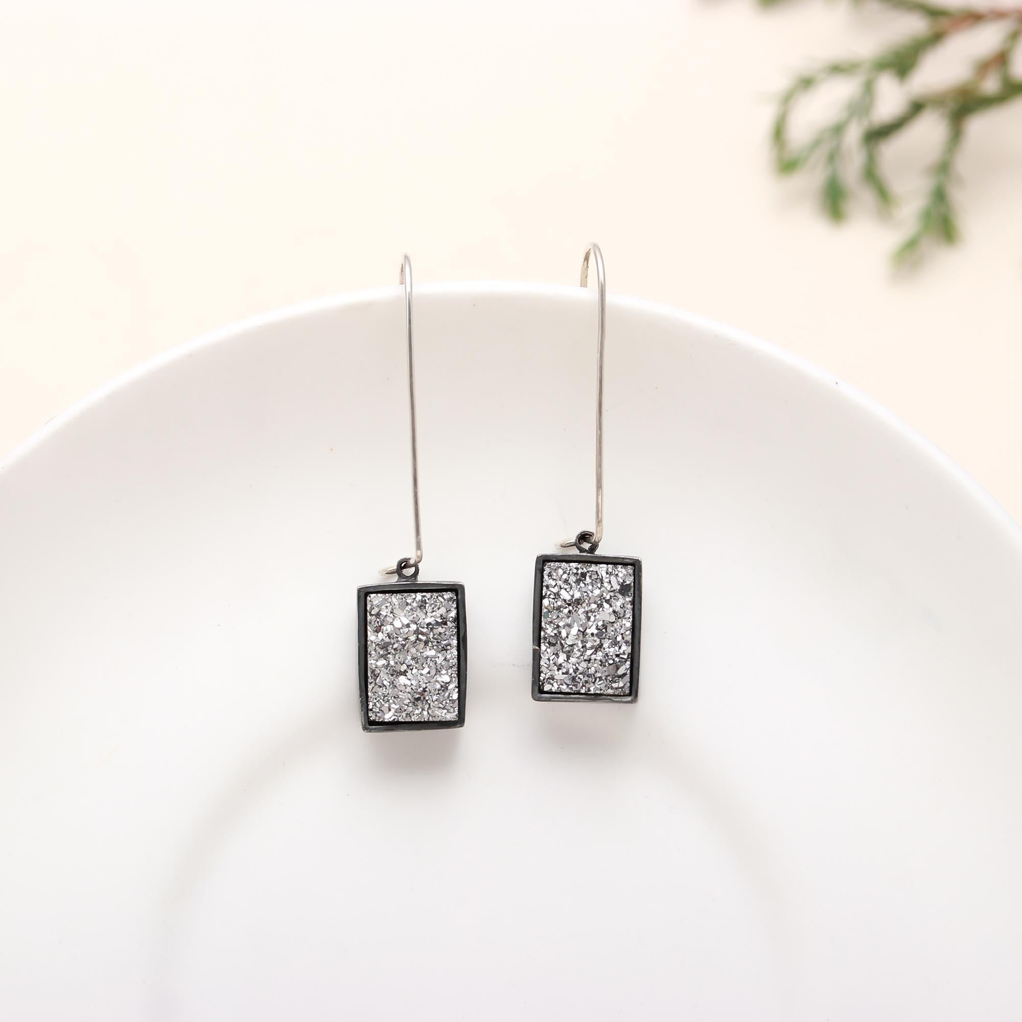 Solid 925 Sterling Silver Titanium Silver Drusy Earring