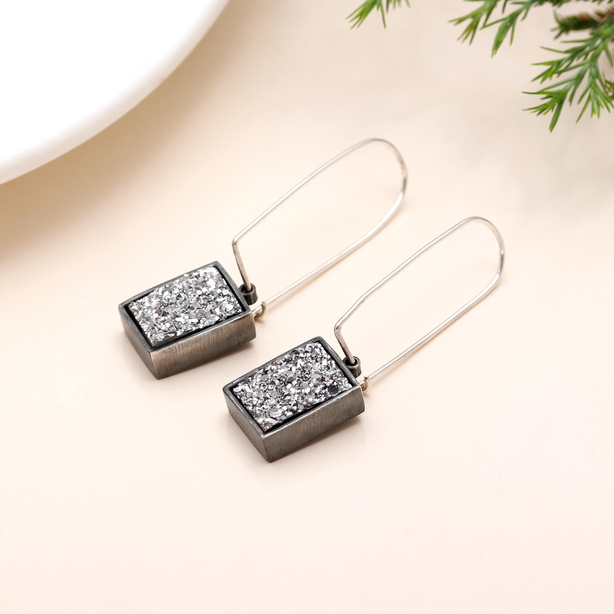 Solid 925 Sterling Silver Titanium Silver Drusy Earring