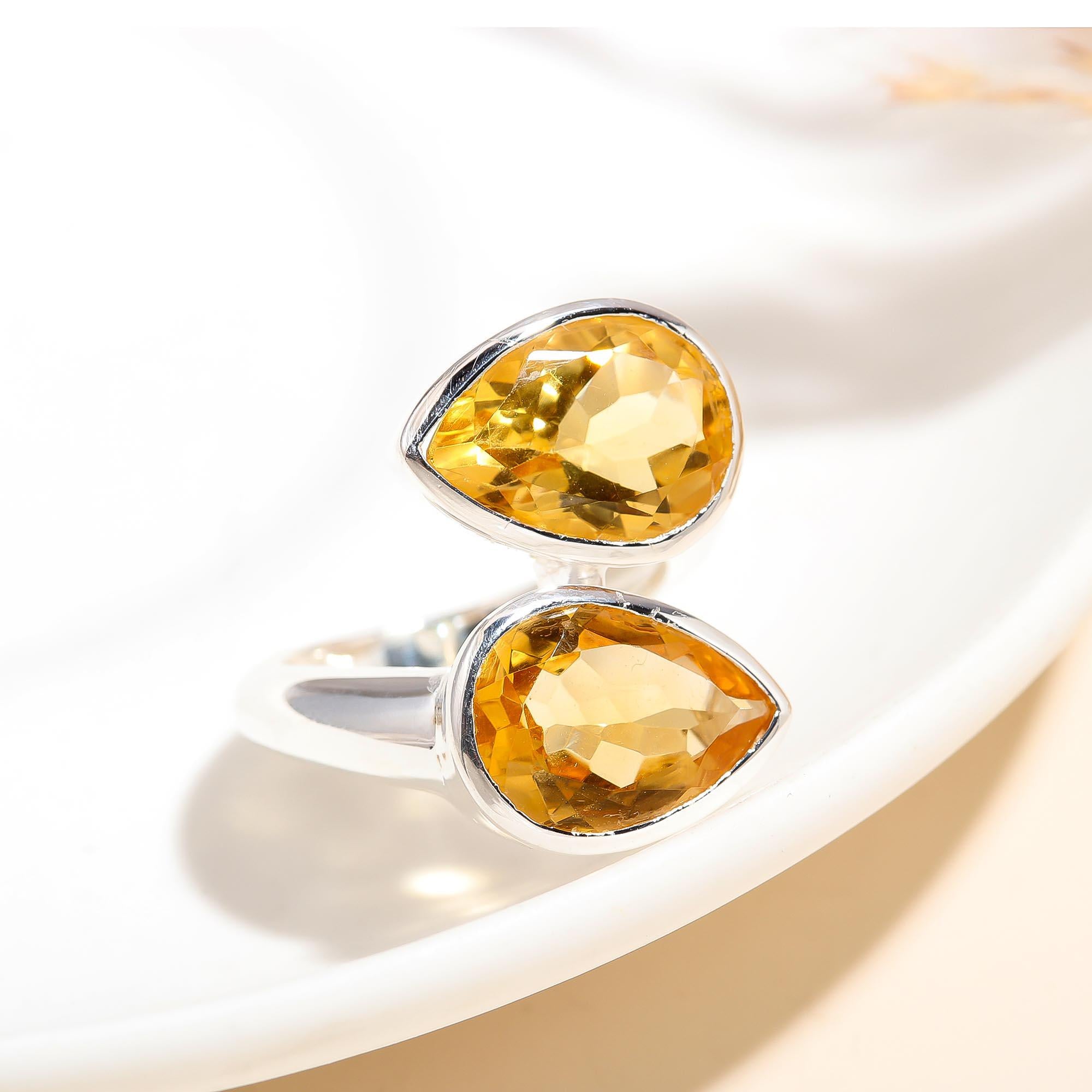 925 Silver Double Citrine Open Ring