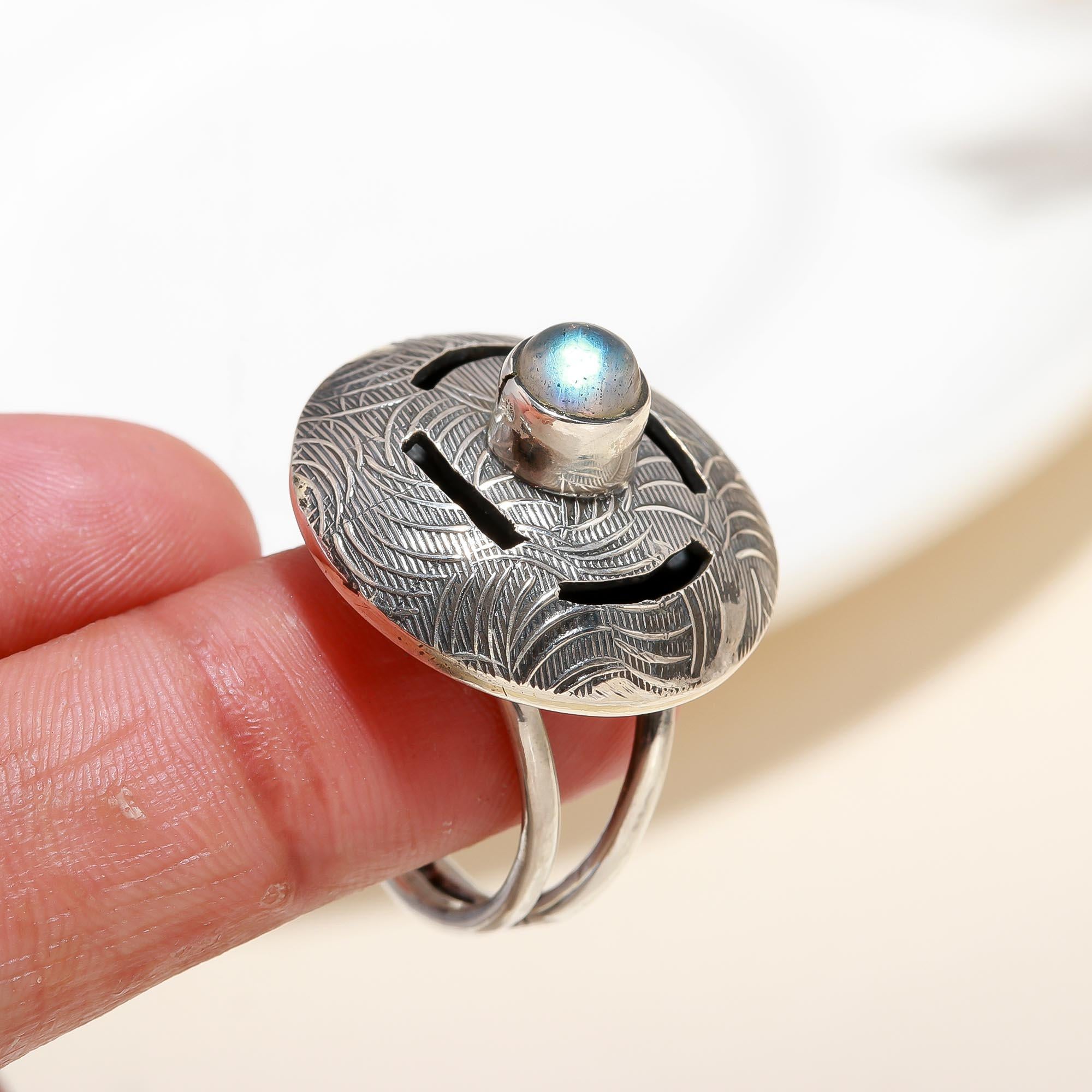 Silver ring with intricate design and central gemstone held on a finger against a neutral background