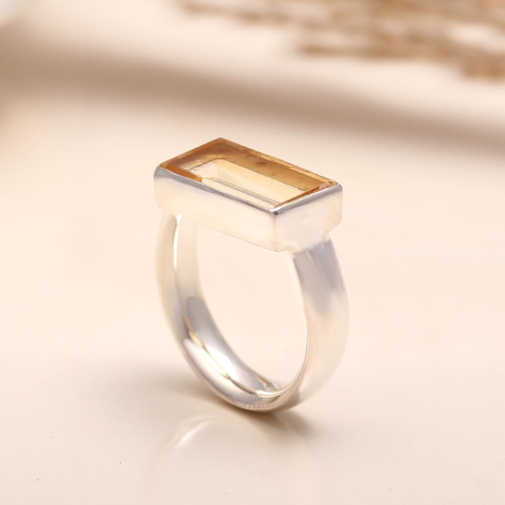 925 Silver Baguette Cut Citrine Ring