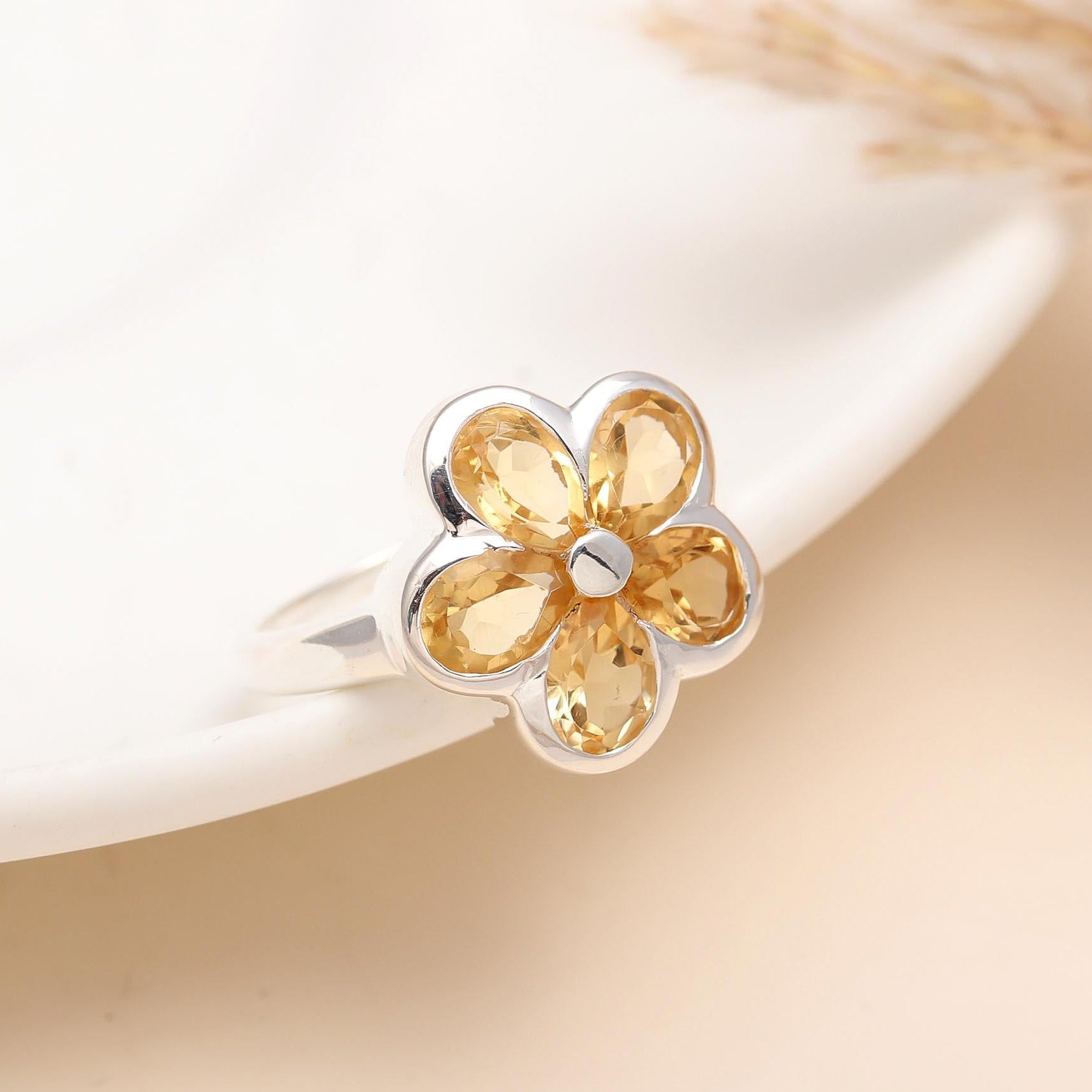 925 Silver Citrine Floral Ring