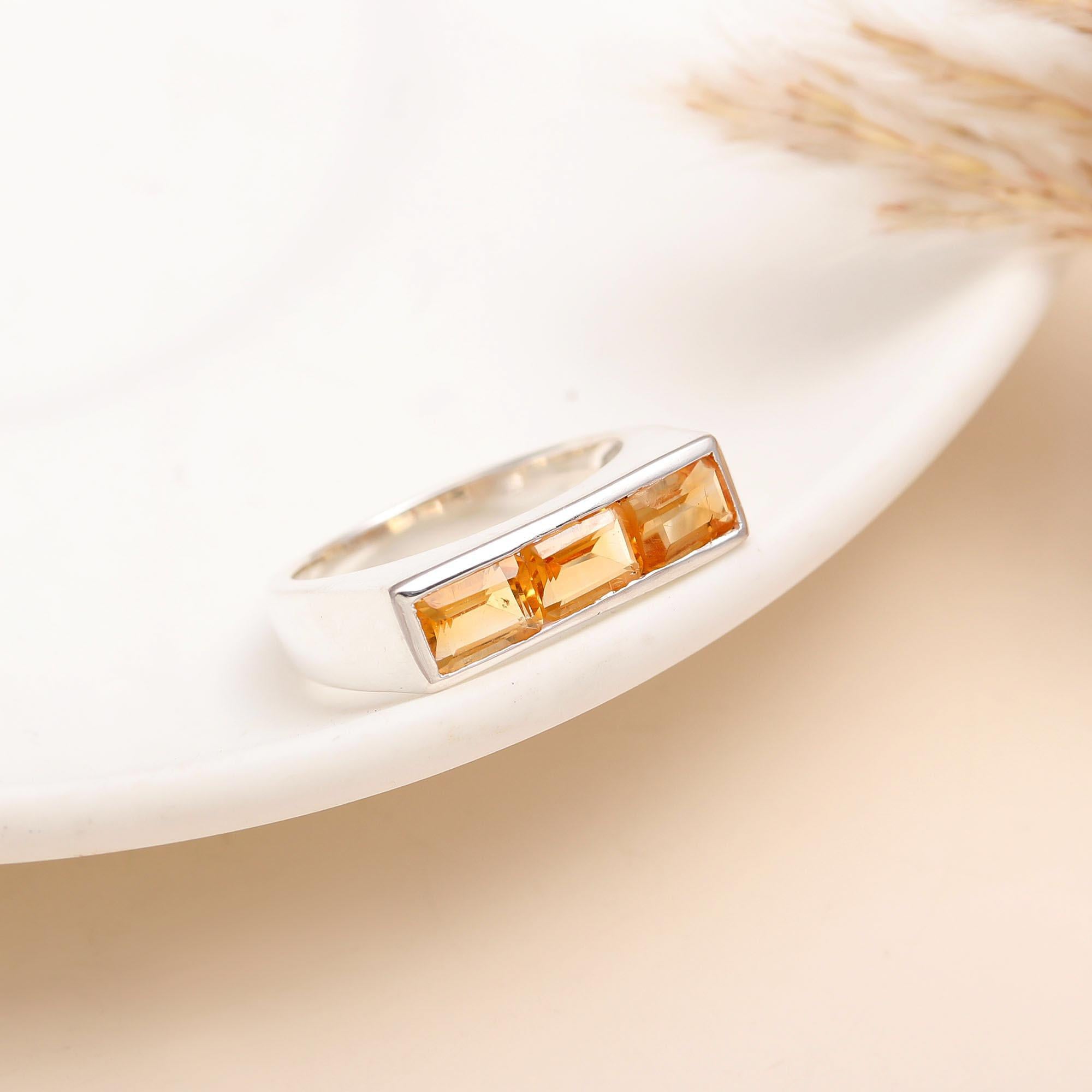925 Silver Baguette Citrine Bar Ring