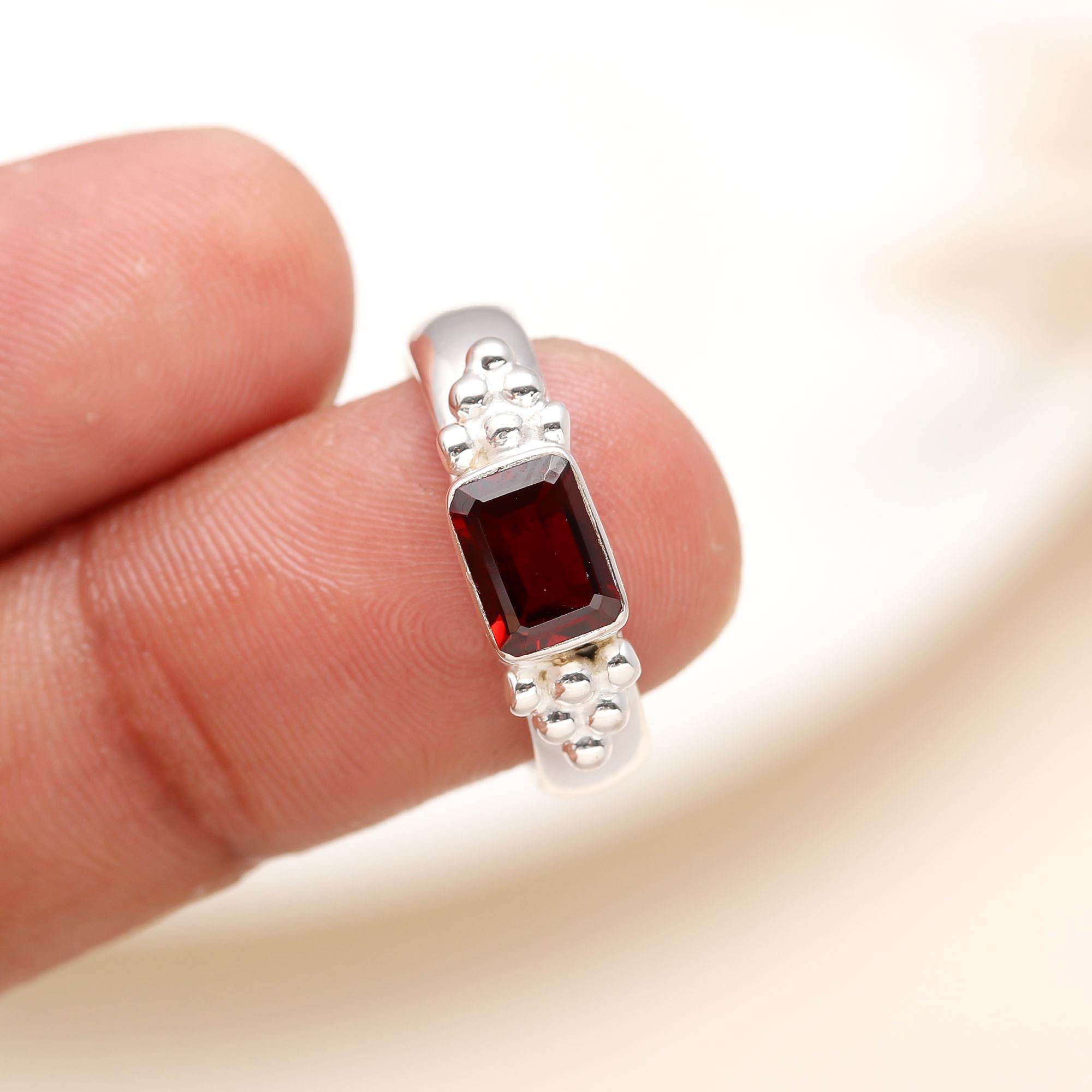 925 Silver Emerald Cut Garnet Ring