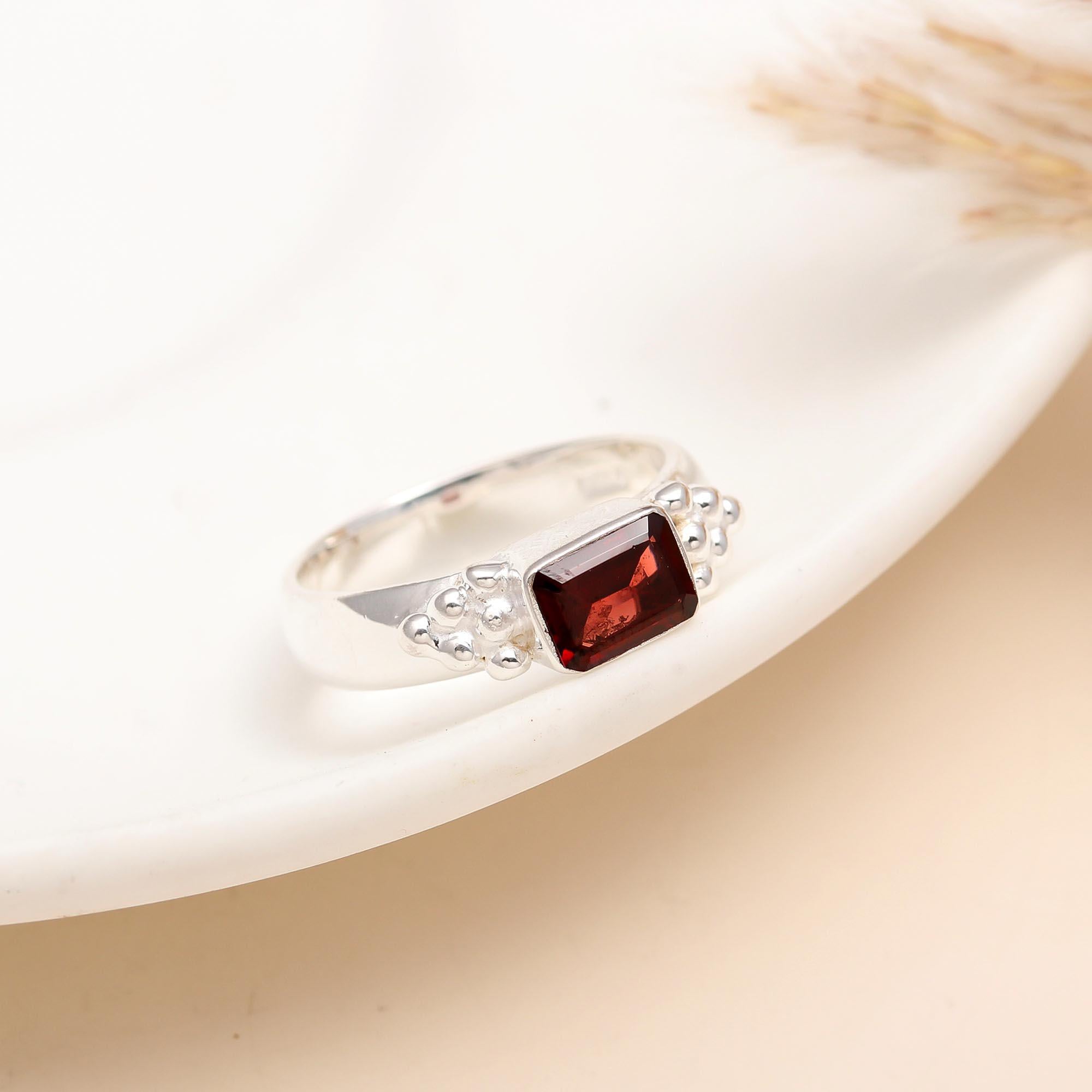 925 Silver Emerald Cut Garnet Ring