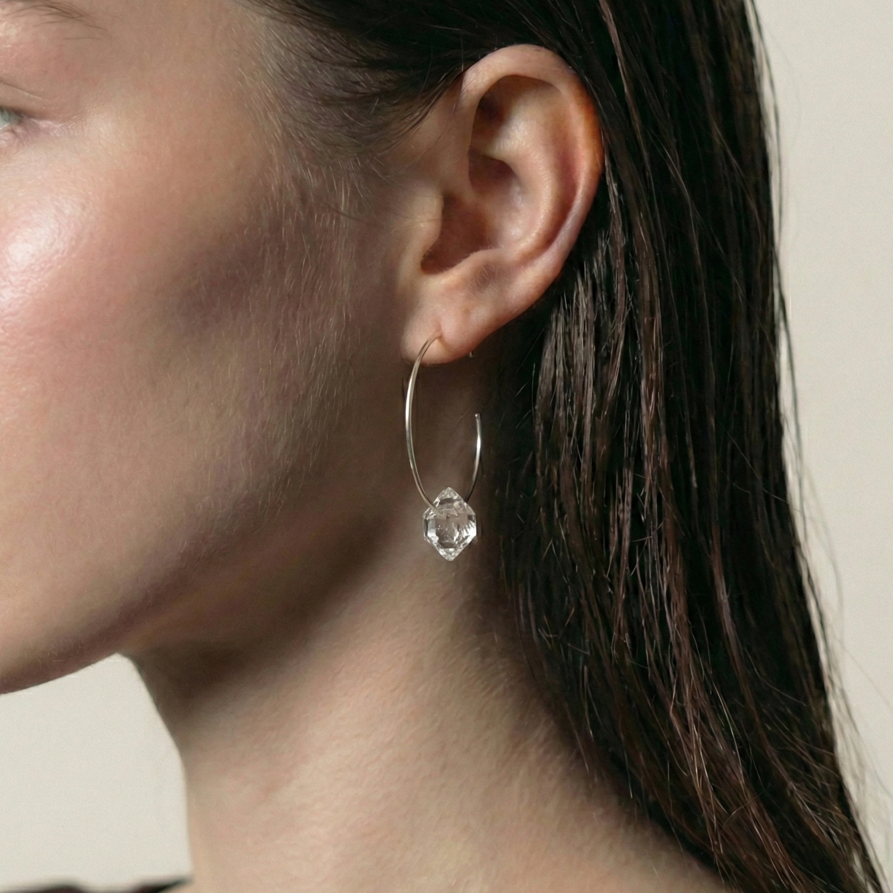 The Crystalline Arc: Herkimer Diamond & Silver Open Hoops