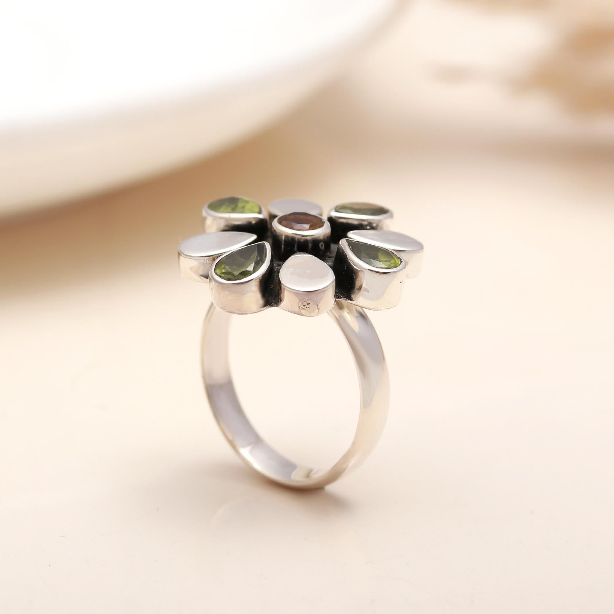 925 Silver Peridot and Citrine Floral Ring