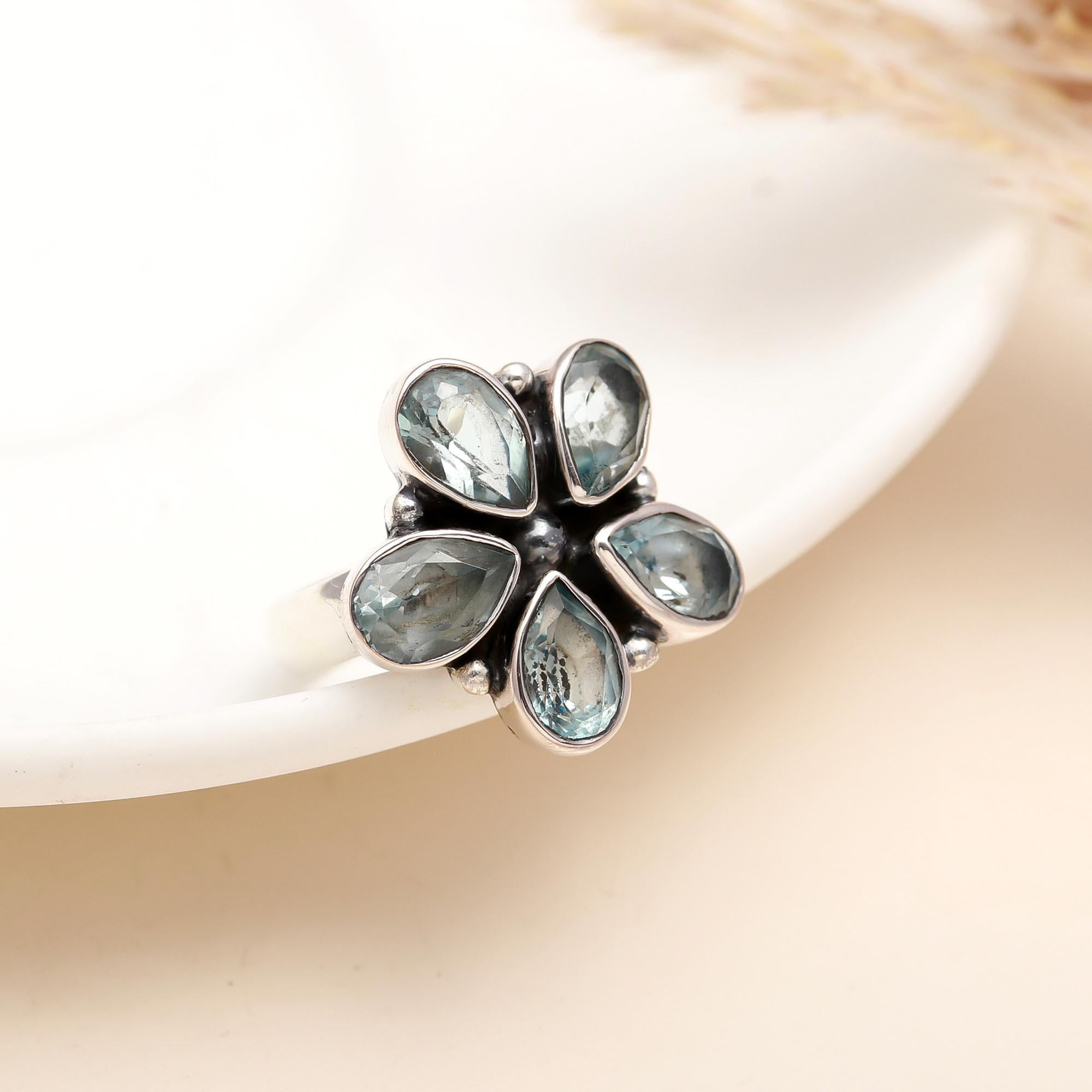 925 Silver Aquamarine Flower Ring