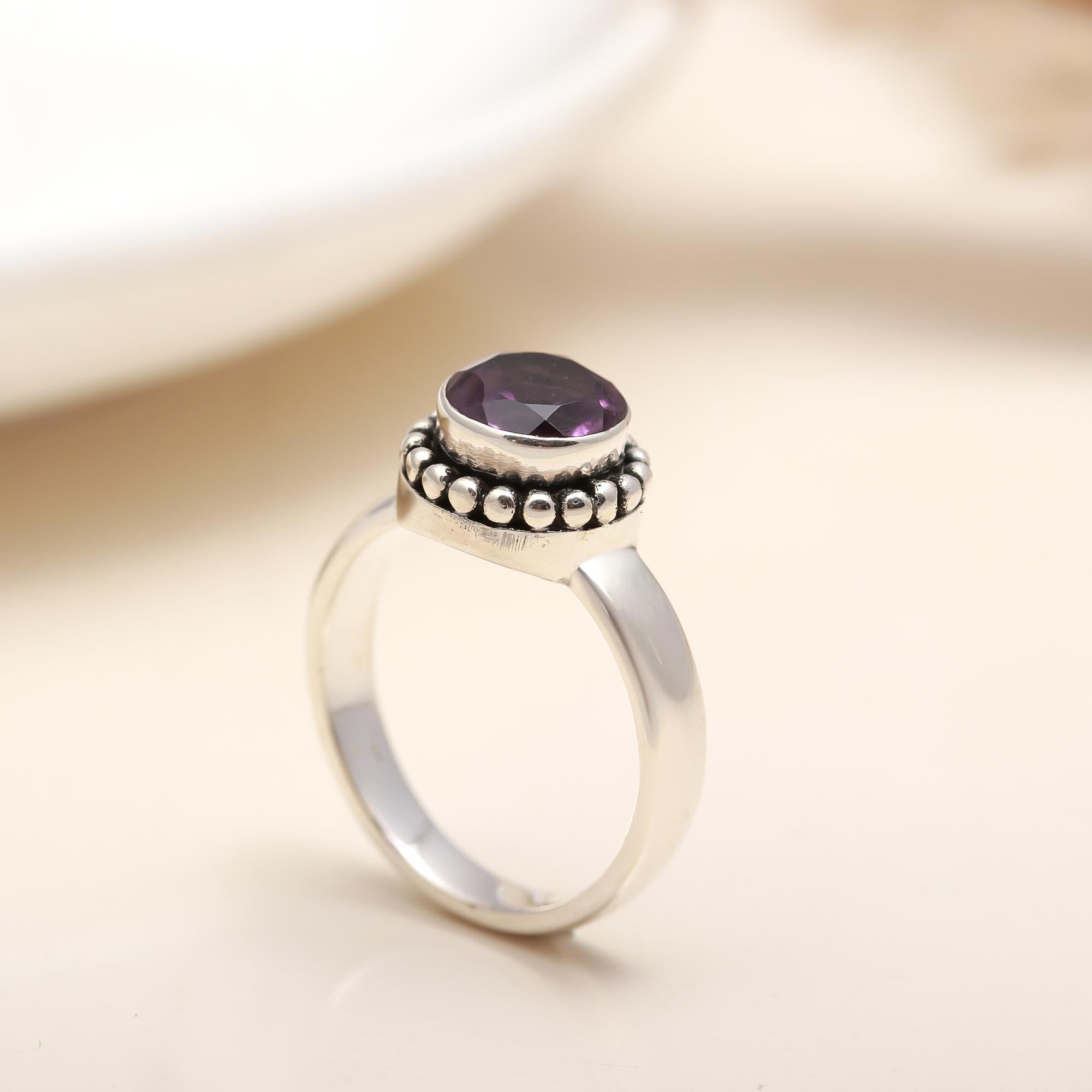925 Silver Round Amethyst Ring