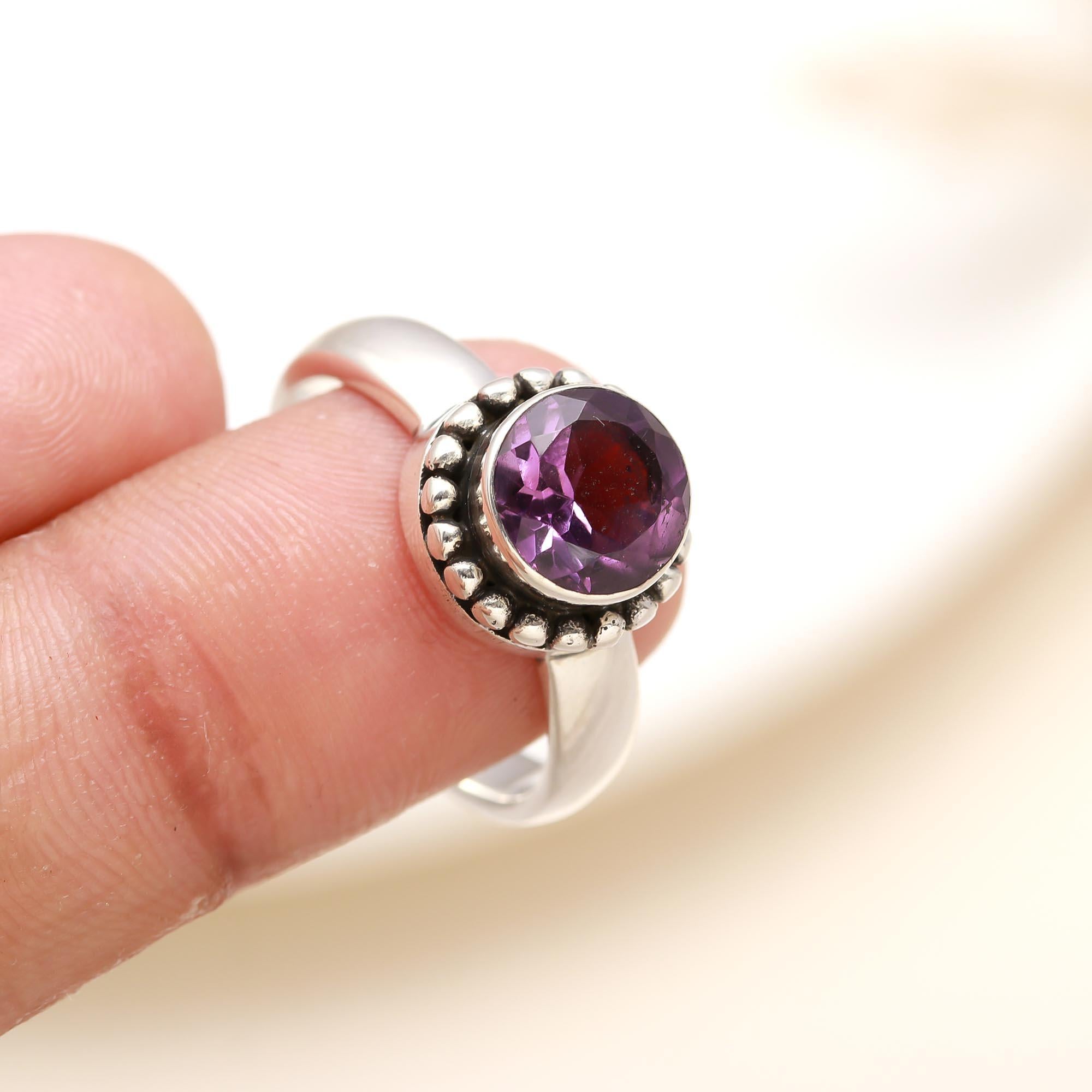 925 Silver Round Amethyst Ring