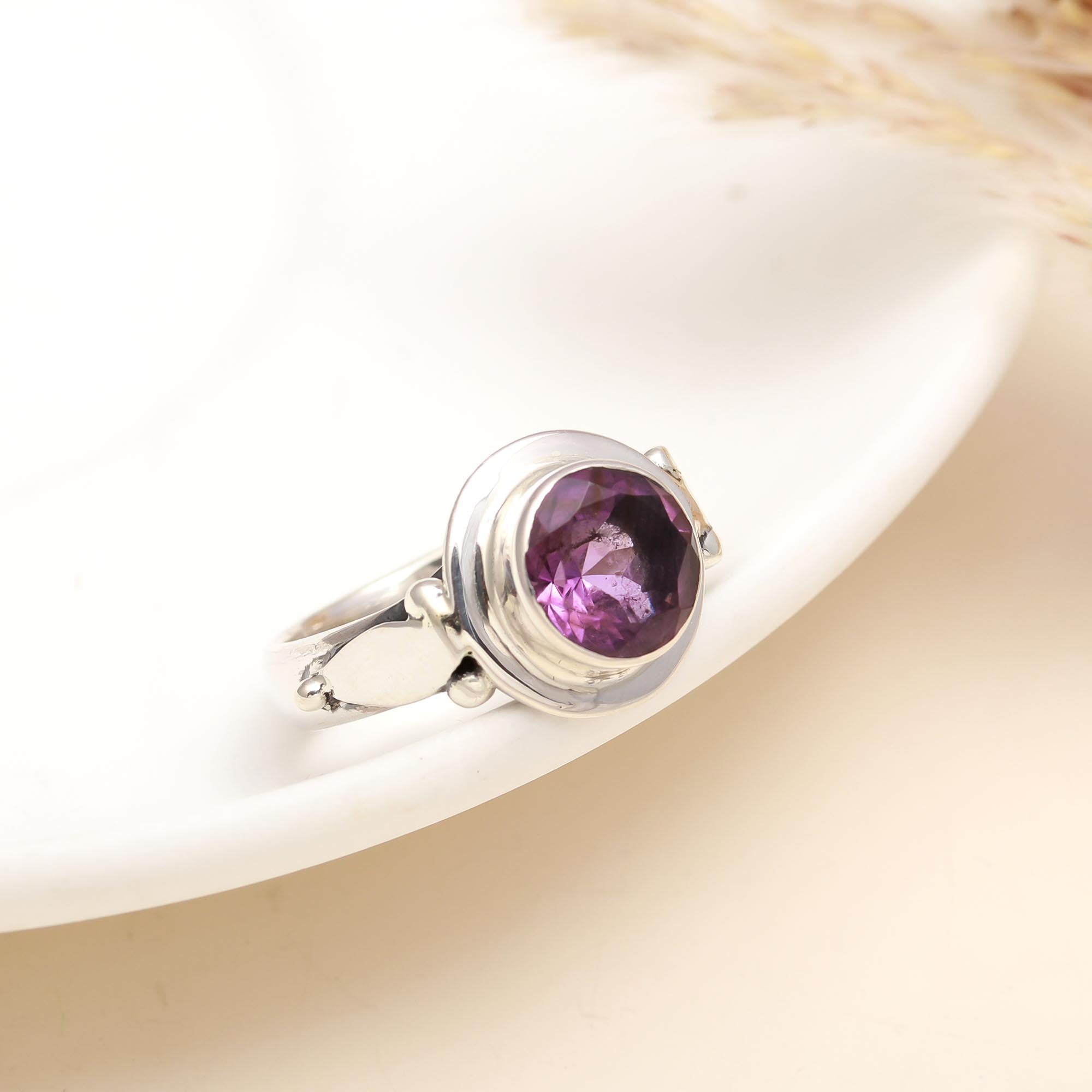 925 Silver Round Amethyst Ring