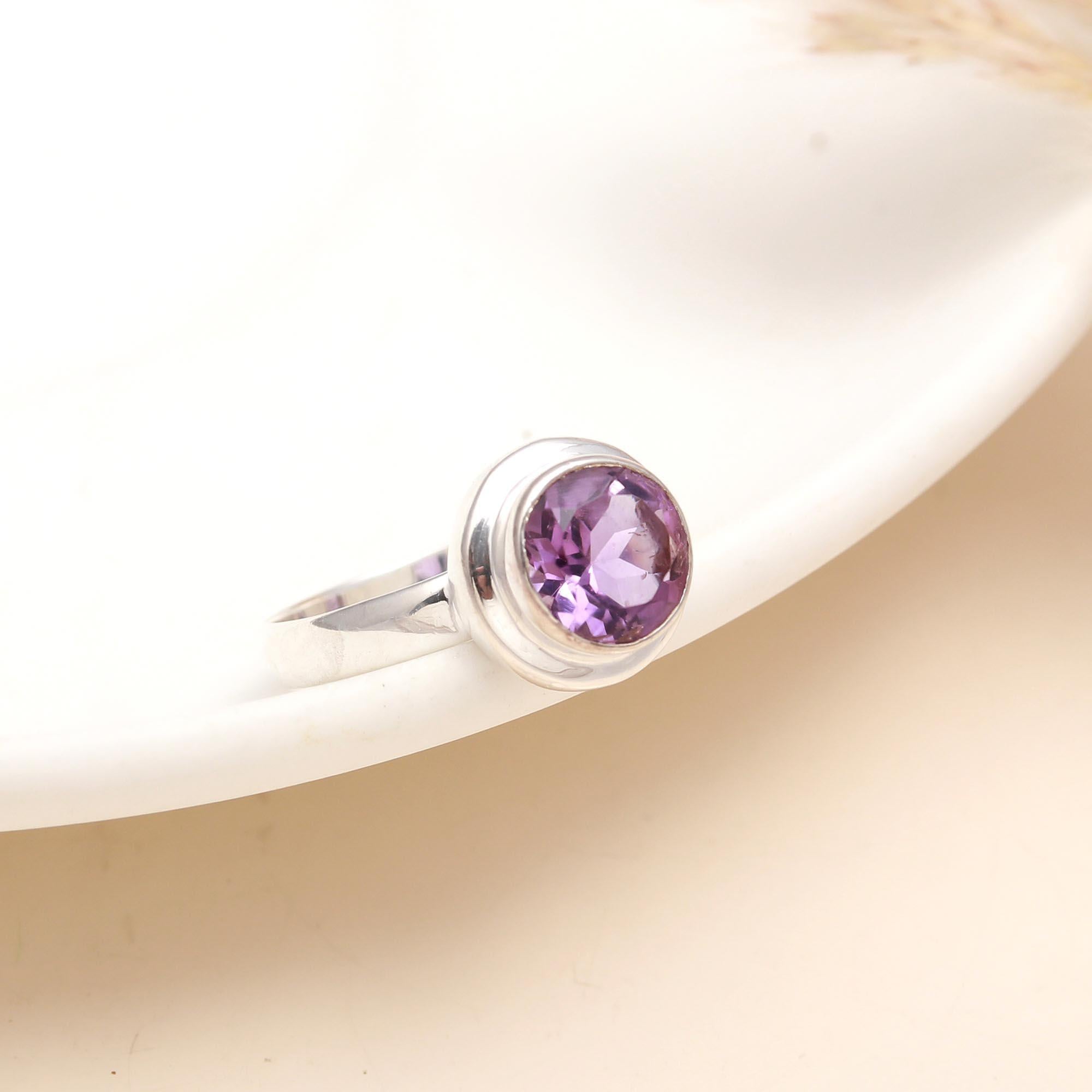 925 Silver Round Amethyst Ring