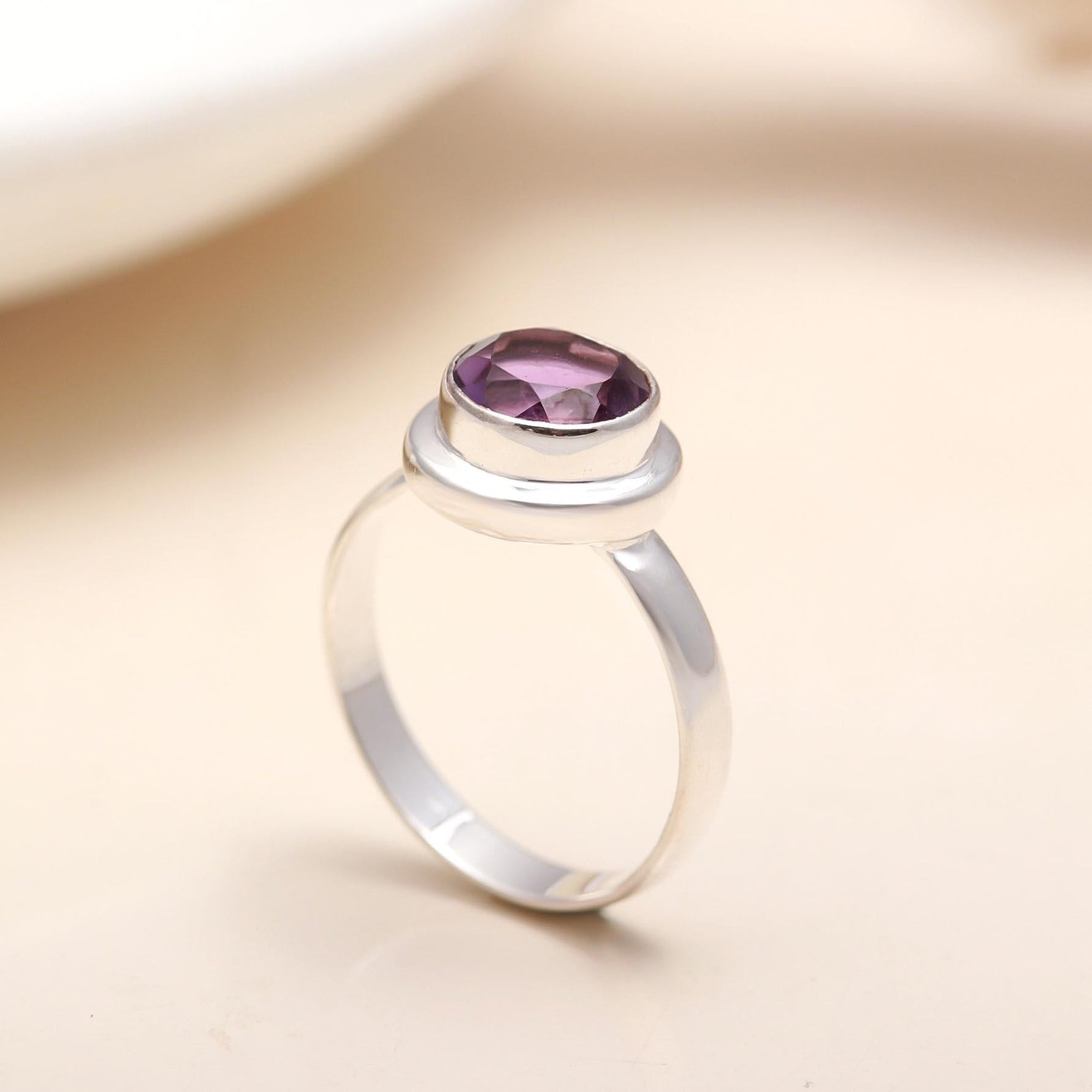 925 Silver Round Amethyst Ring