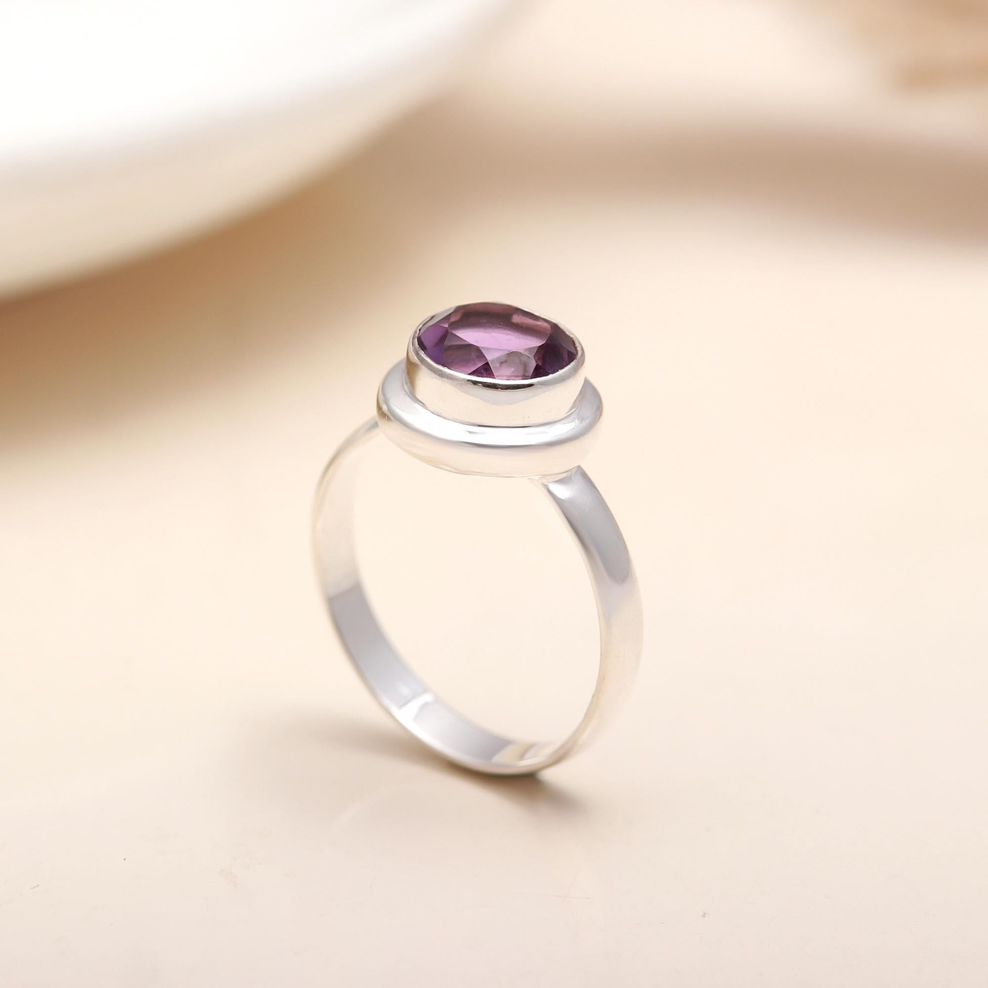 925 Silver Round Amethyst Ring