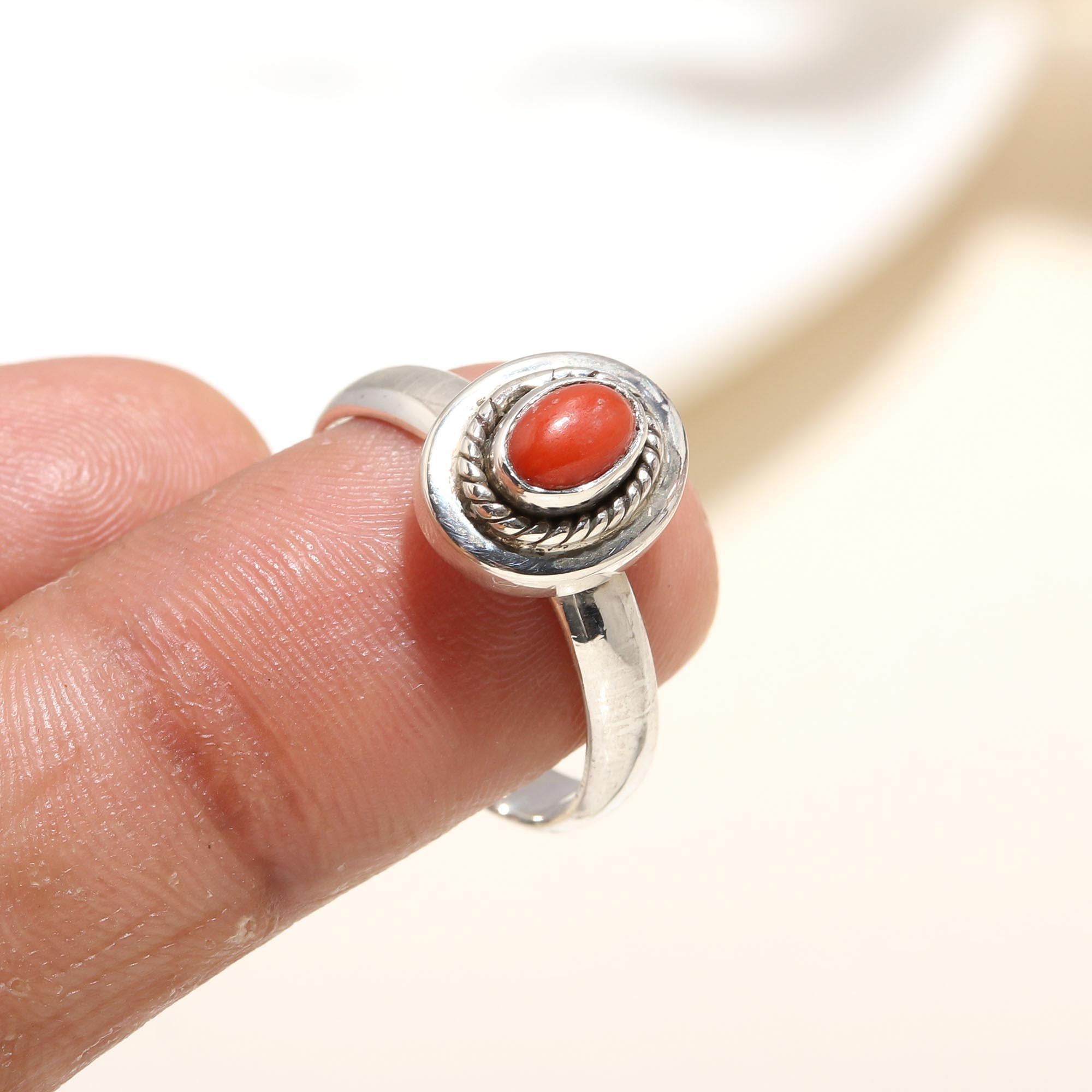 925 Silver Red Coral Ring