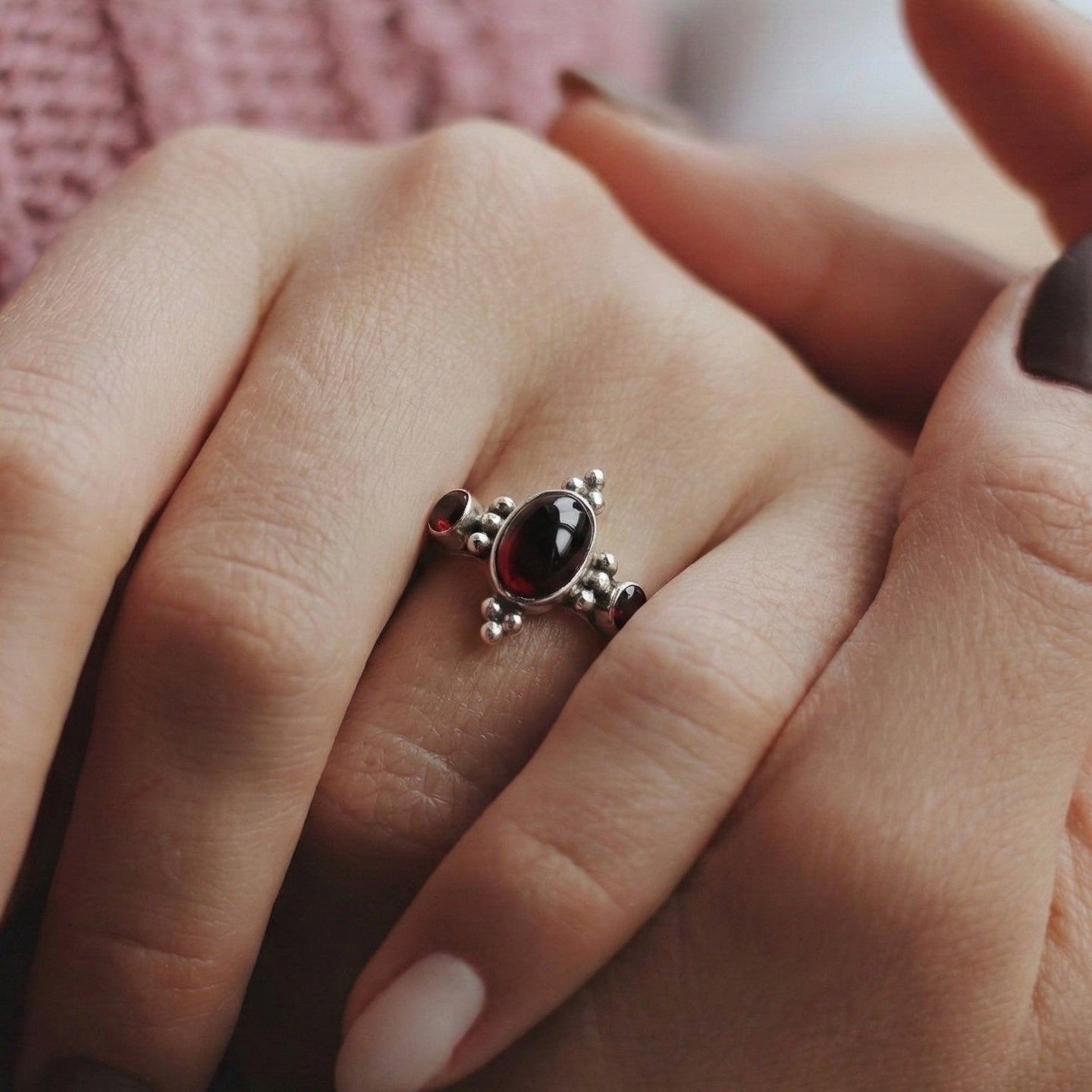 The Crimson Trilogy: Garnet Three-Stone Vintage Silver Ring