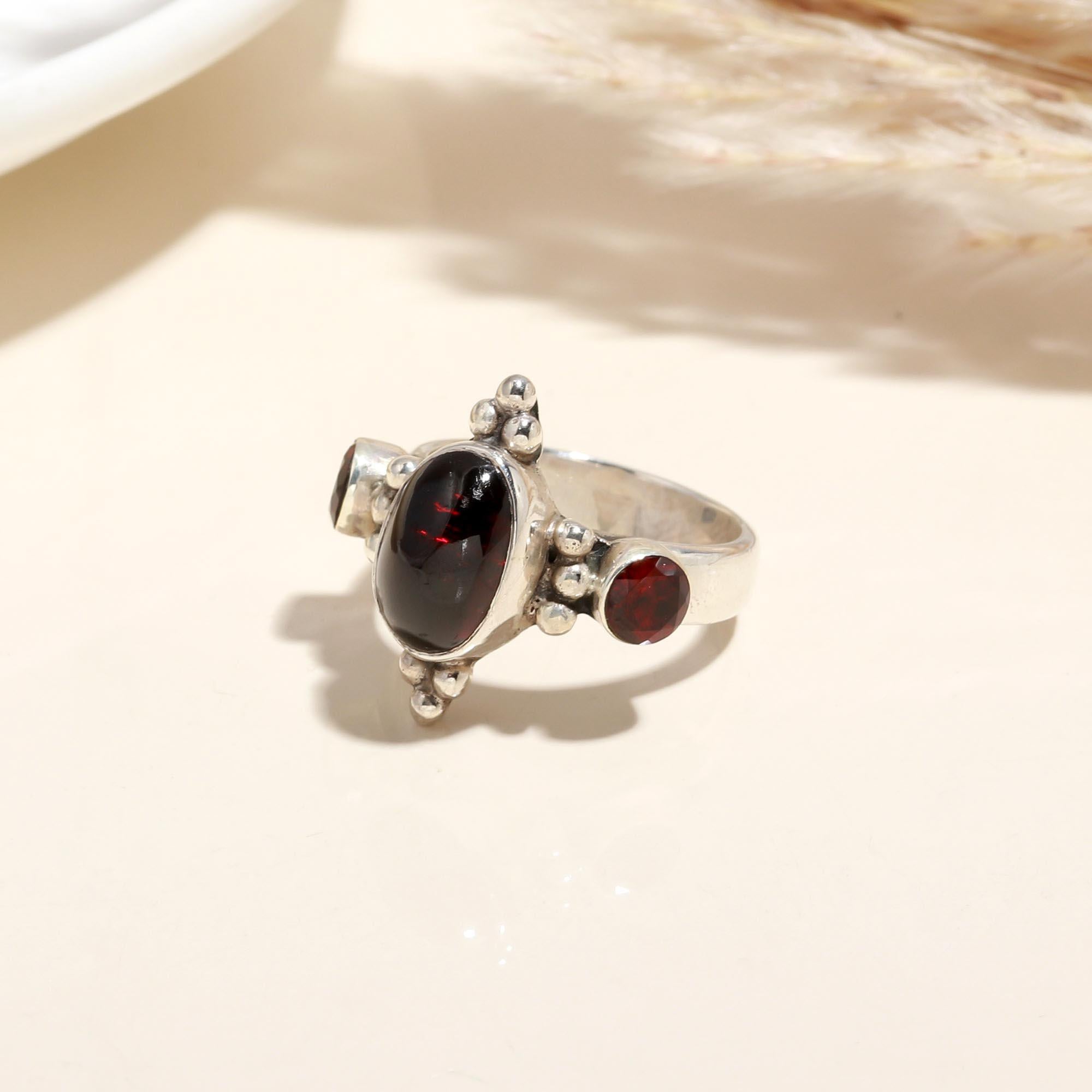 The Crimson Trilogy: Garnet Three-Stone Vintage Silver Ring
