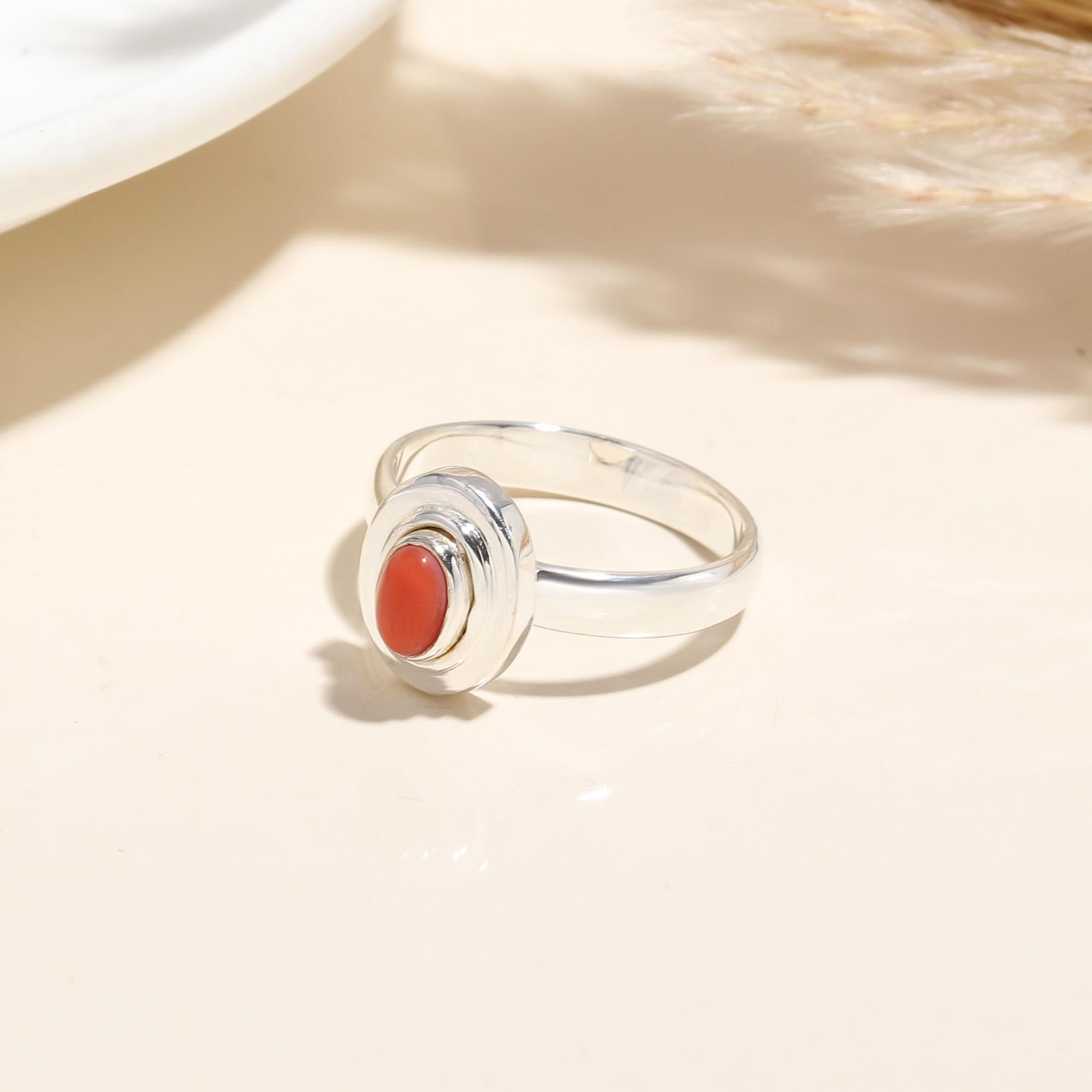925 Silver Oval Red Coral Ring