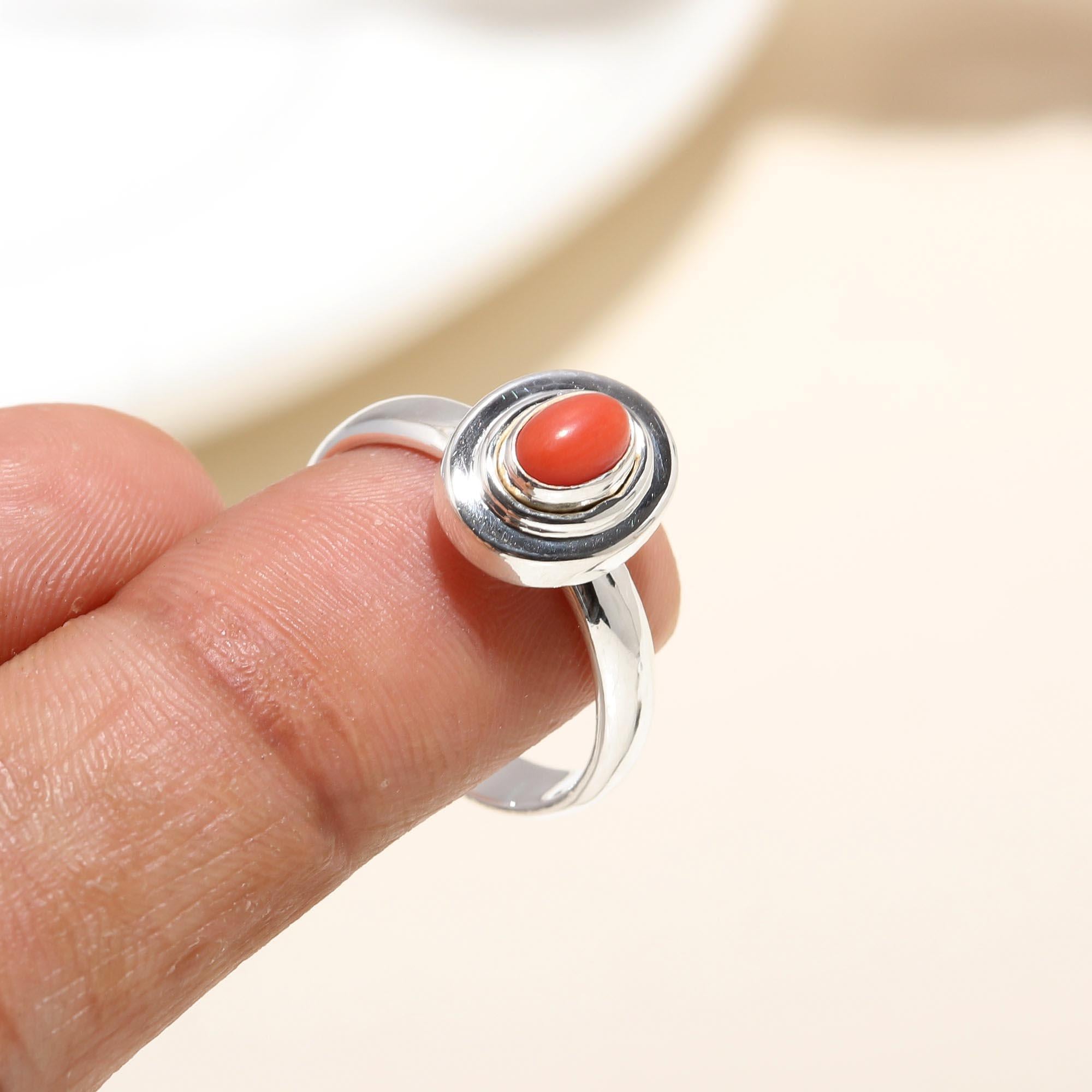 925 Silver Oval Red Coral Ring