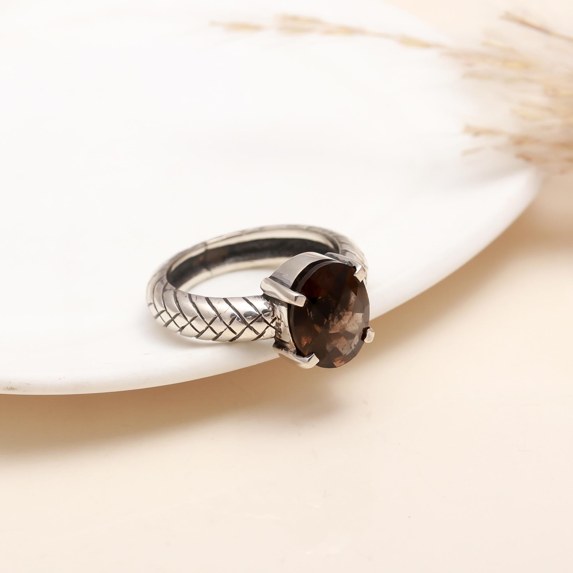 925 Silver Round Smoky Quartz Ring