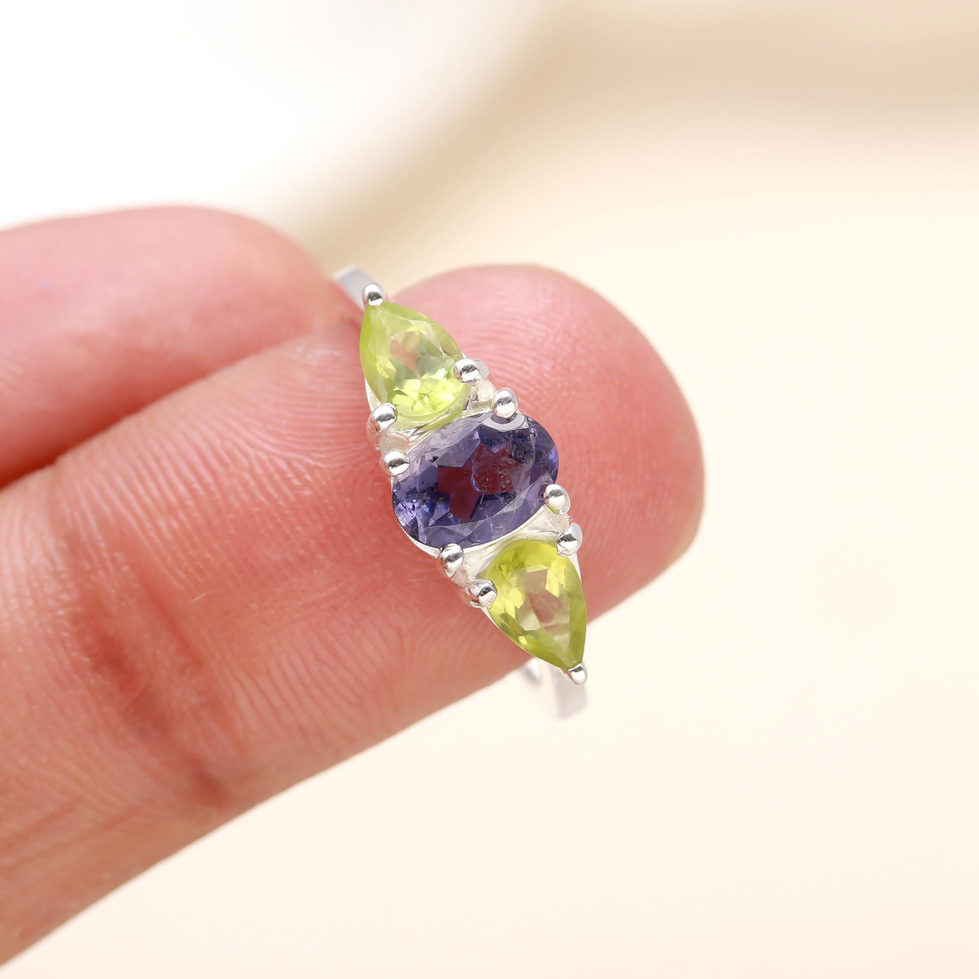 925 Silver Iolite and Peridot Ring