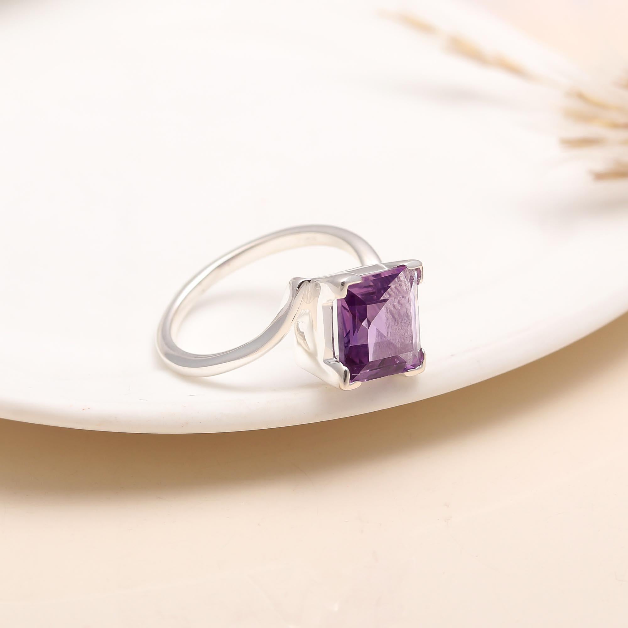 925 Silver Square Amethyst Solitaire Ring
