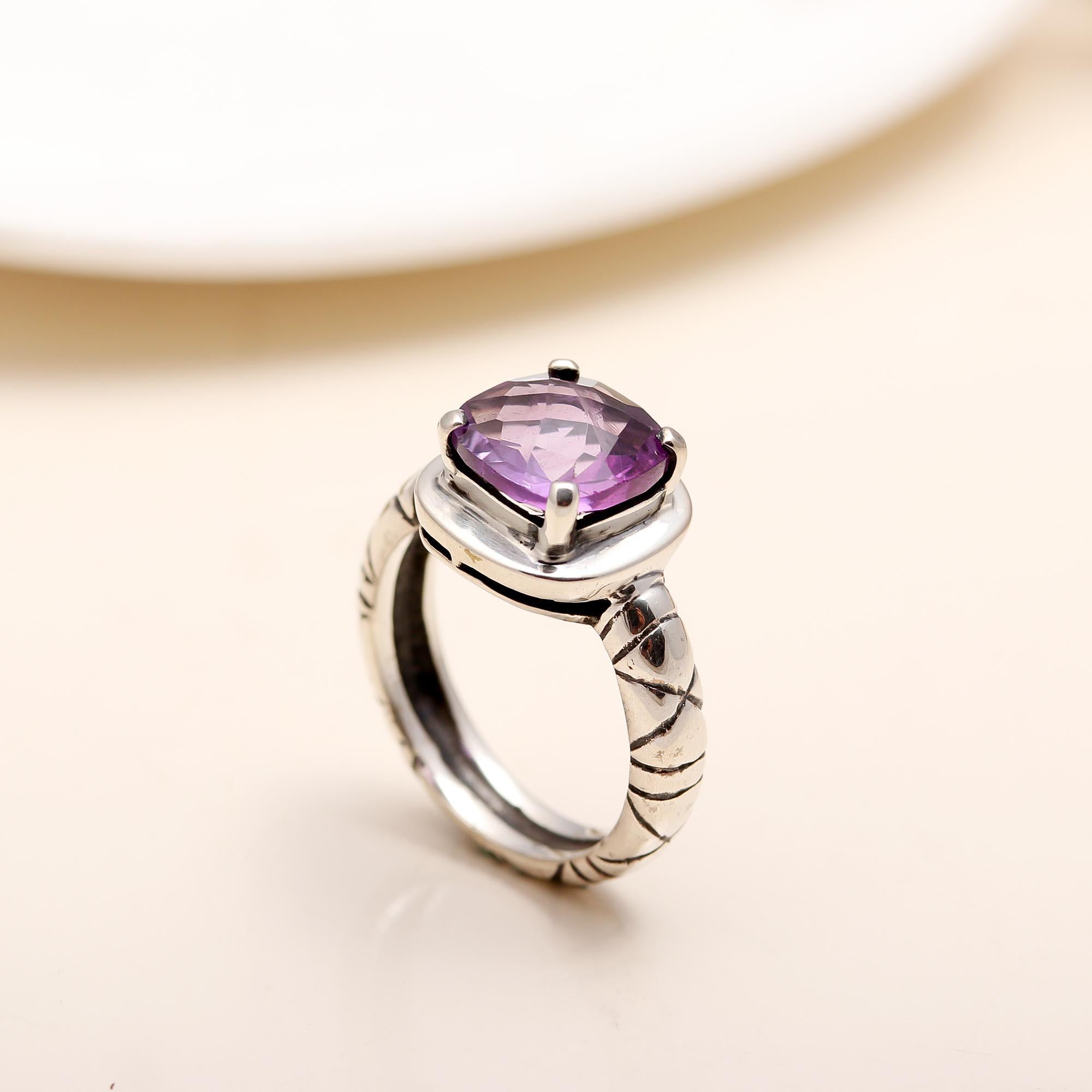 Engraved sterling silver band with cushion-cut amethyst