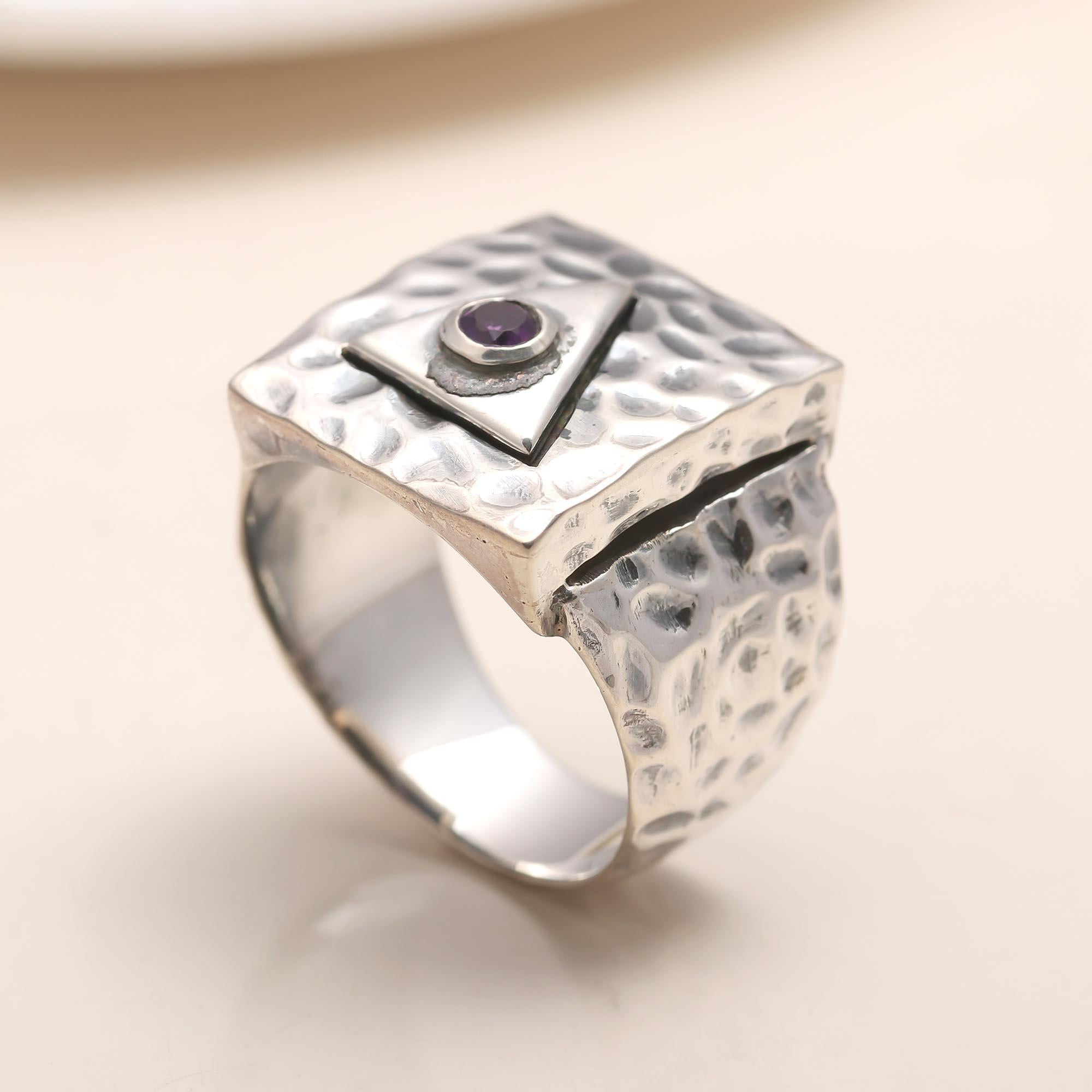 Geometric silver band ring with purple amethyst