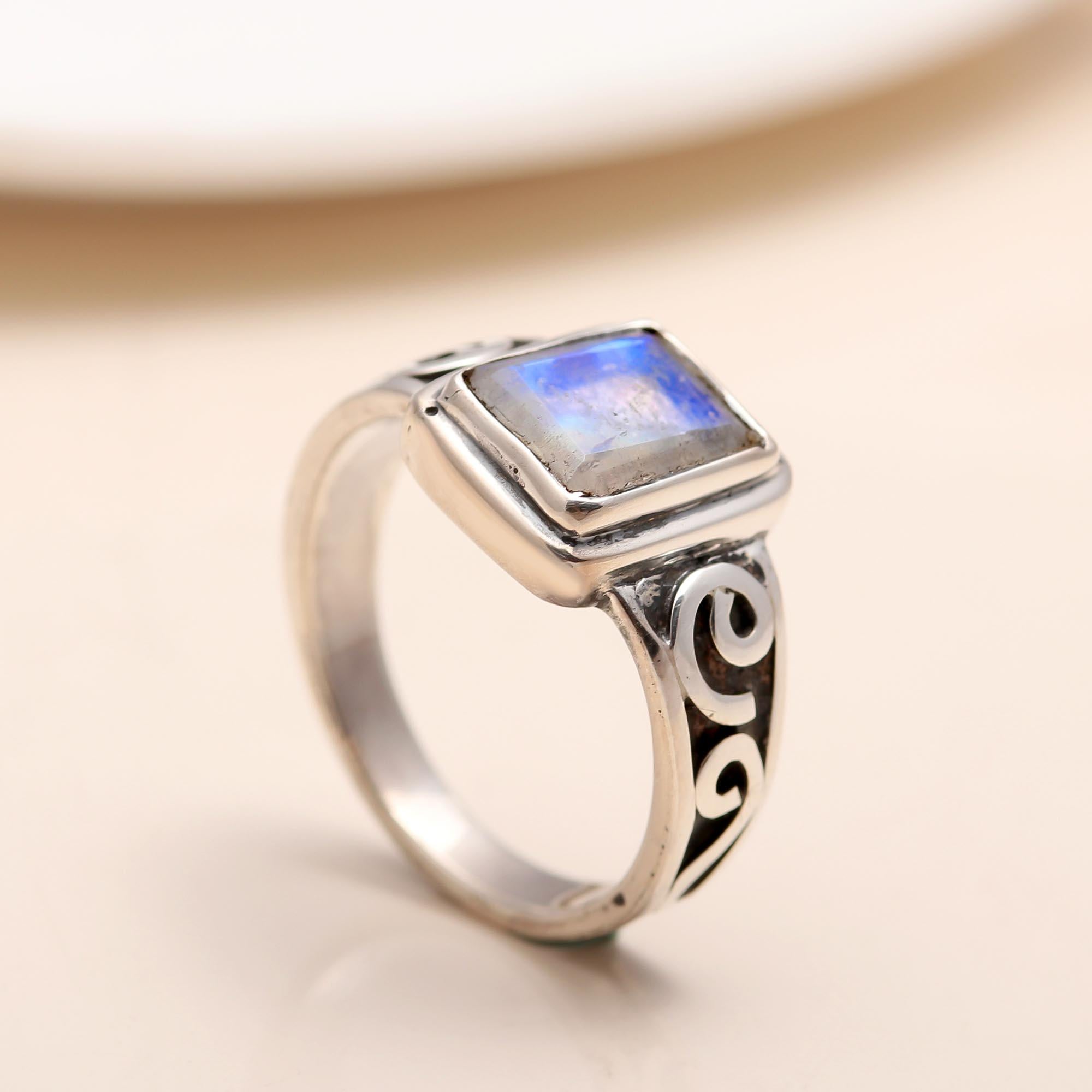 925 Silver Rectangular Moonstone Ring with Scroll Design close-up
