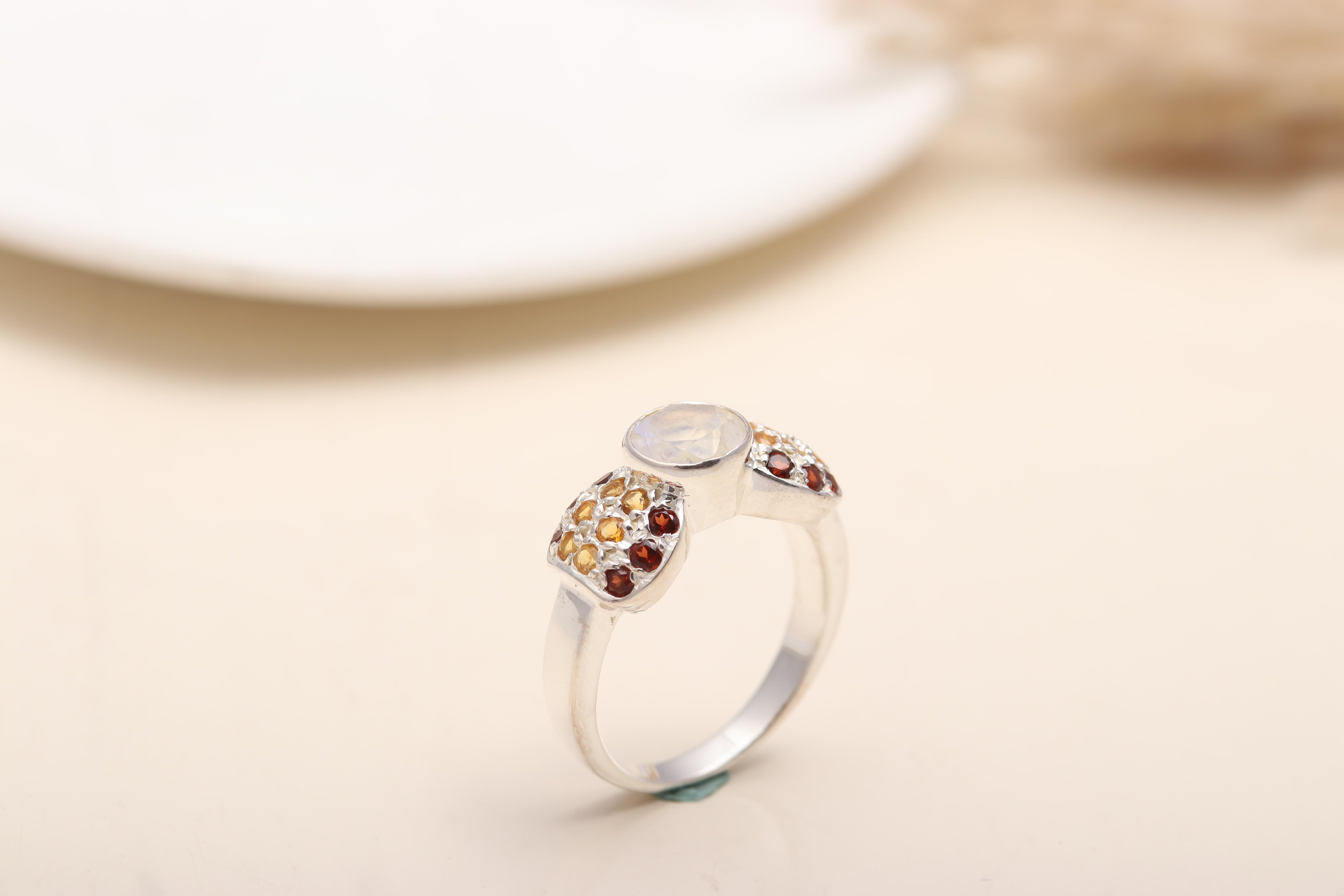 925 Silver Rainbow Moonstone Ring with Garnet and Citrine close-up