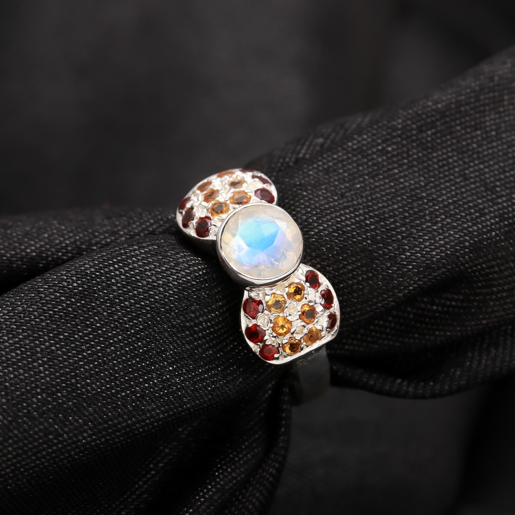 Rainbow moonstone trio gemstone ring