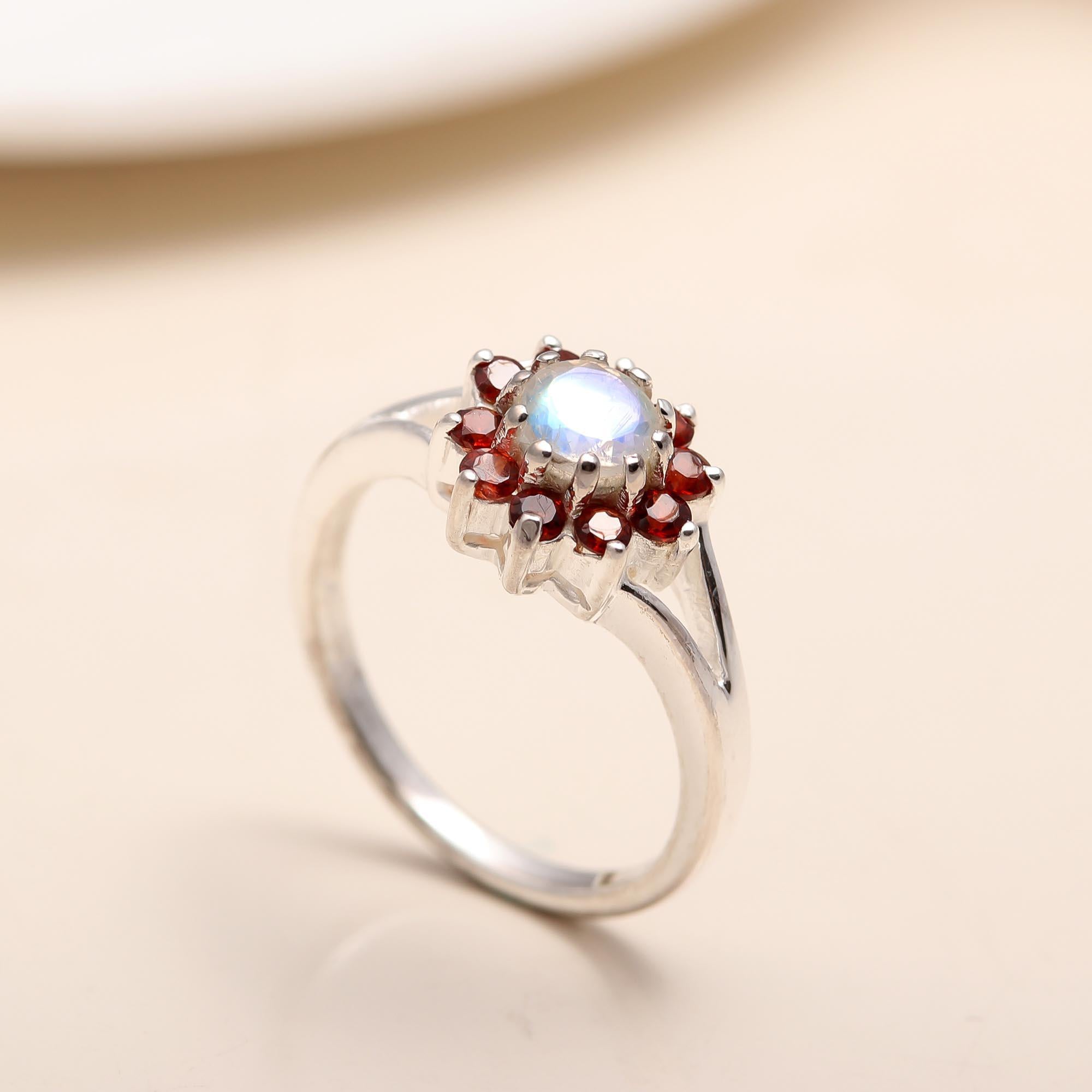 925 Silver Moonstone and Garnet Flower Ring close-up