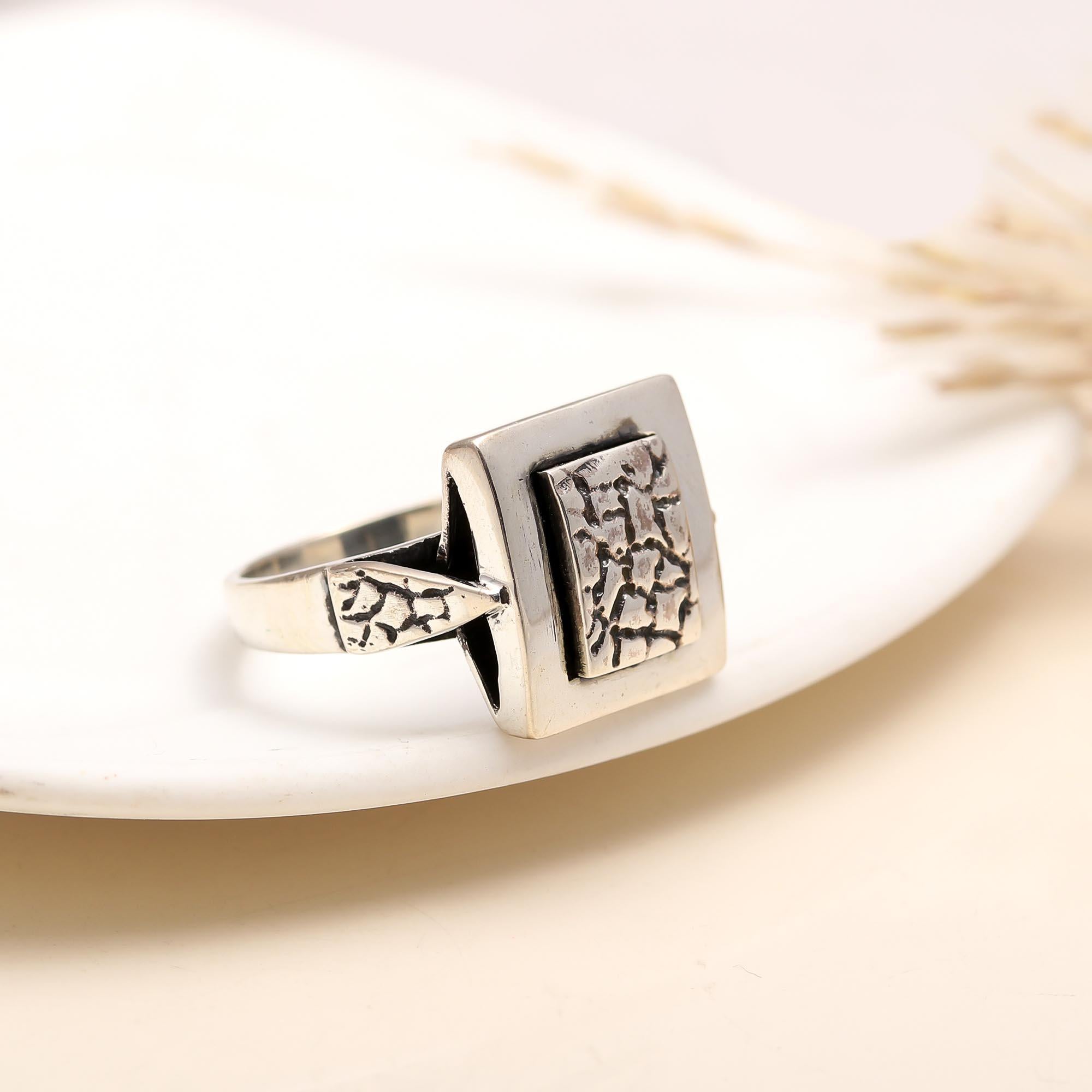 925 Silver Textured Square Statement Ring close-up