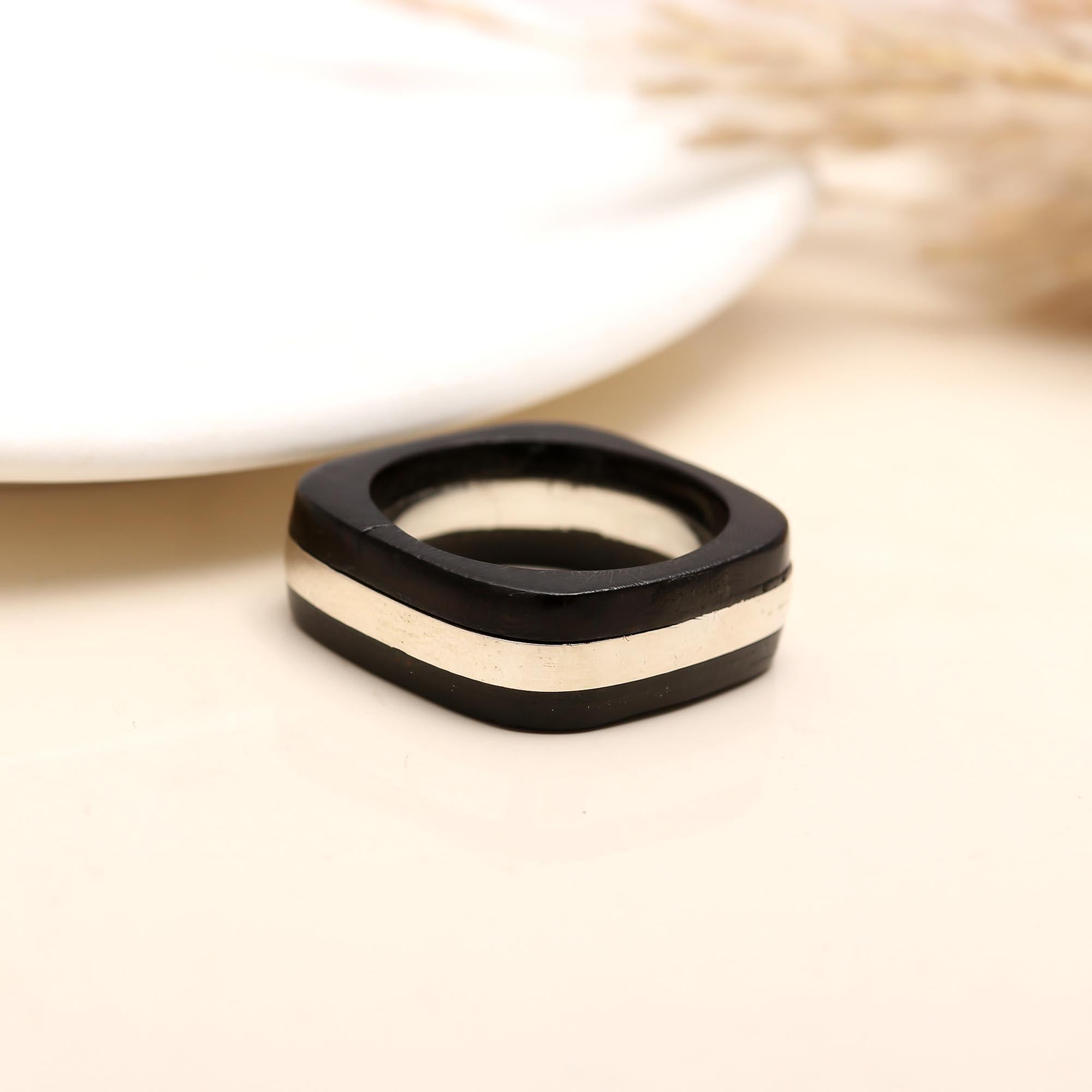 925 Silver Black and Silver Stripe Band Ring close-up