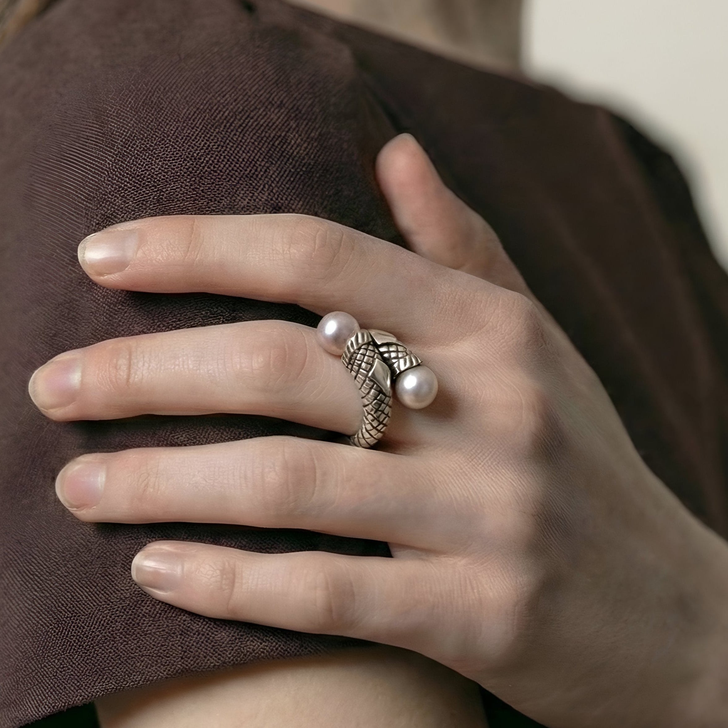 The Twin Luster: Pink Pearl Textured Bypass Ring