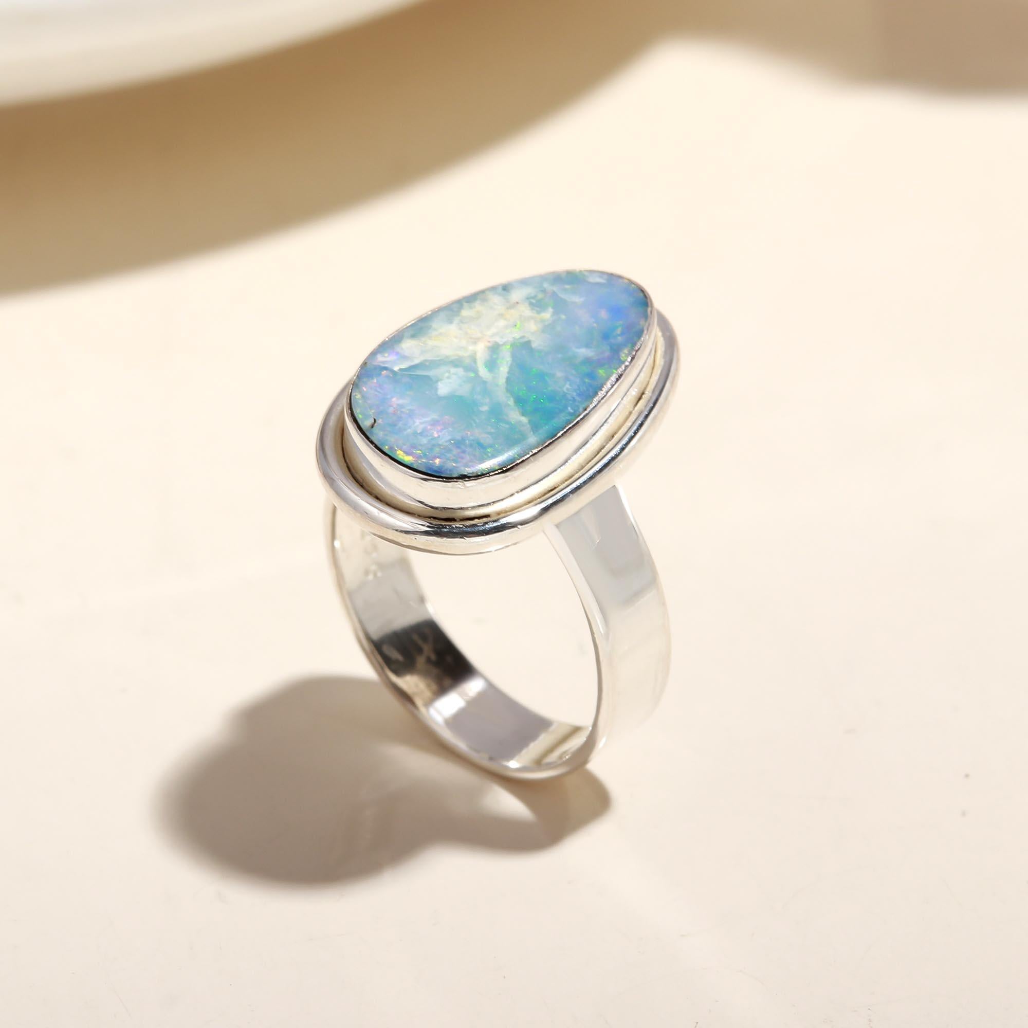 925 sterling silver oval blue opal ring