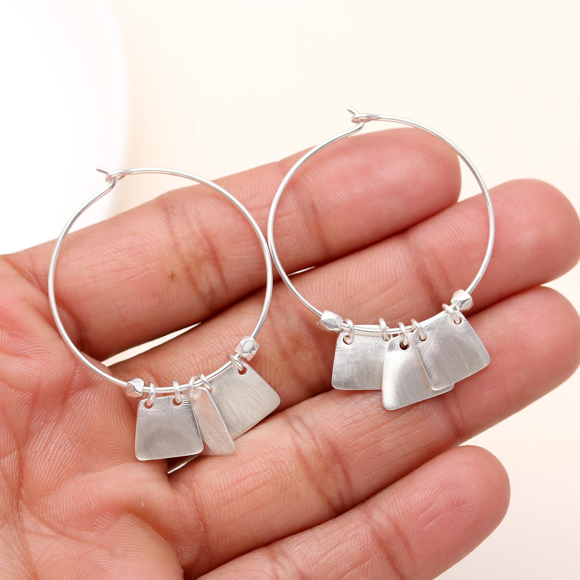 925 Silver Matte Charms Hoop Earrings