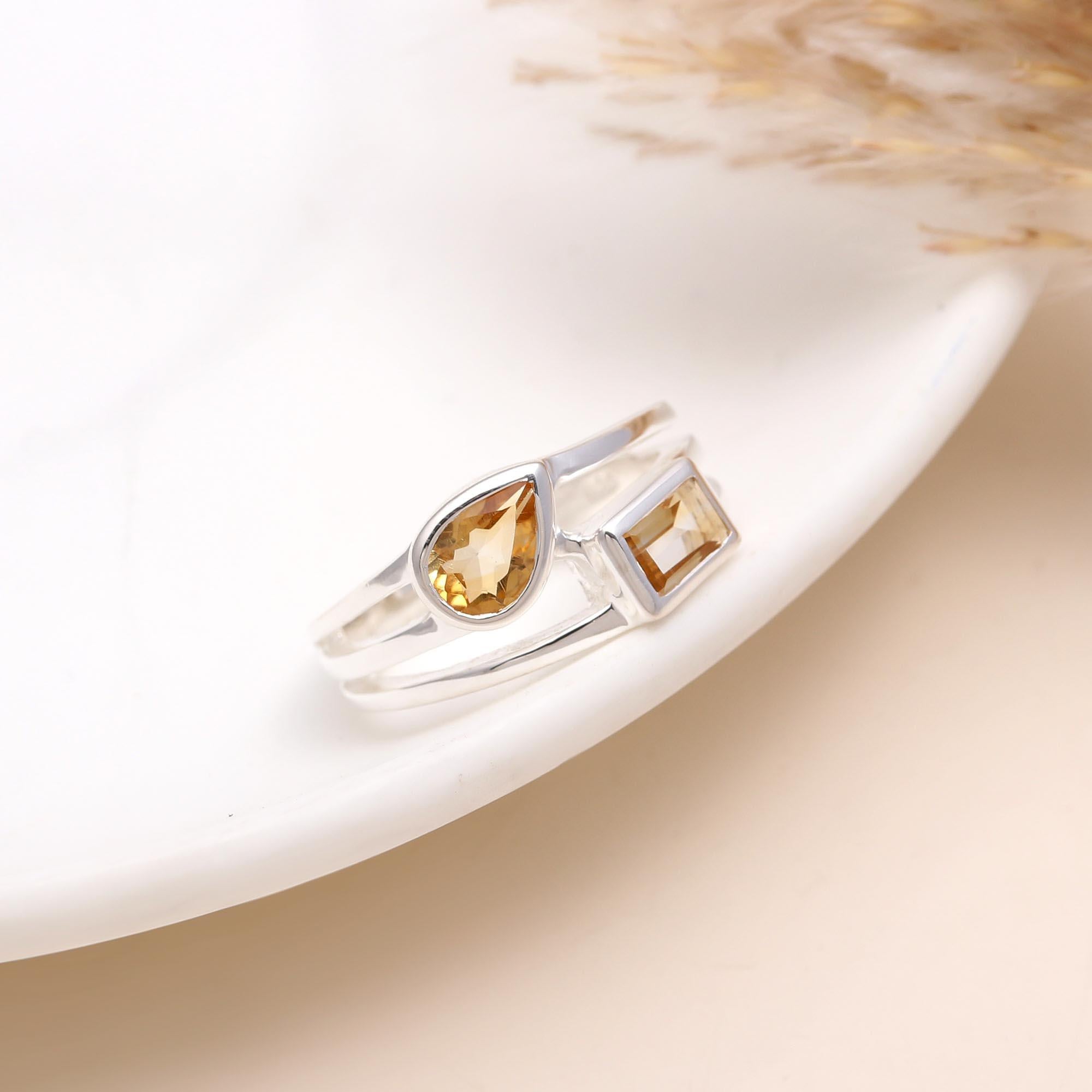 925 Silver Dual Citrine Stone Open Band Ring front view