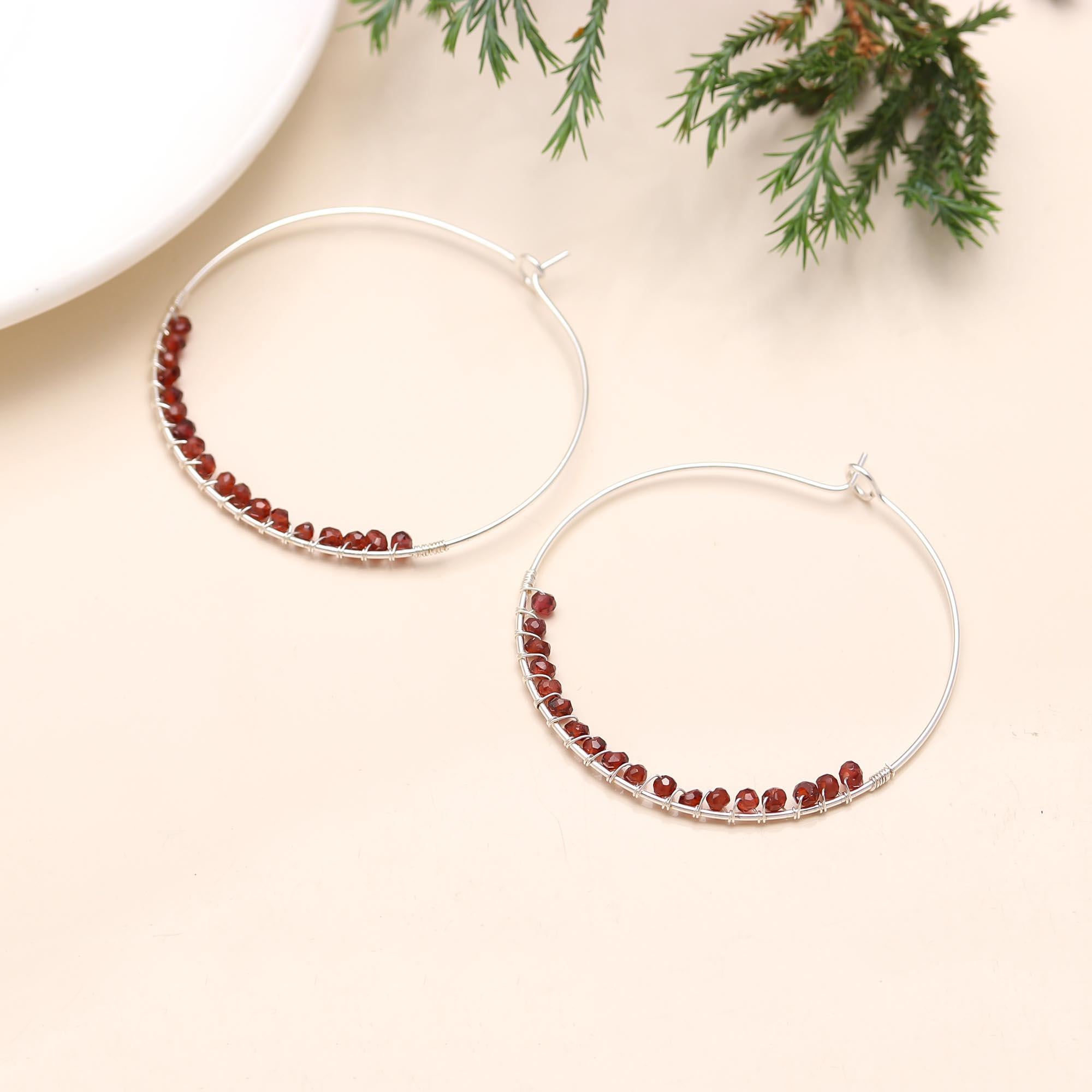 925 Silver Garnet Beads Hoop Earrings