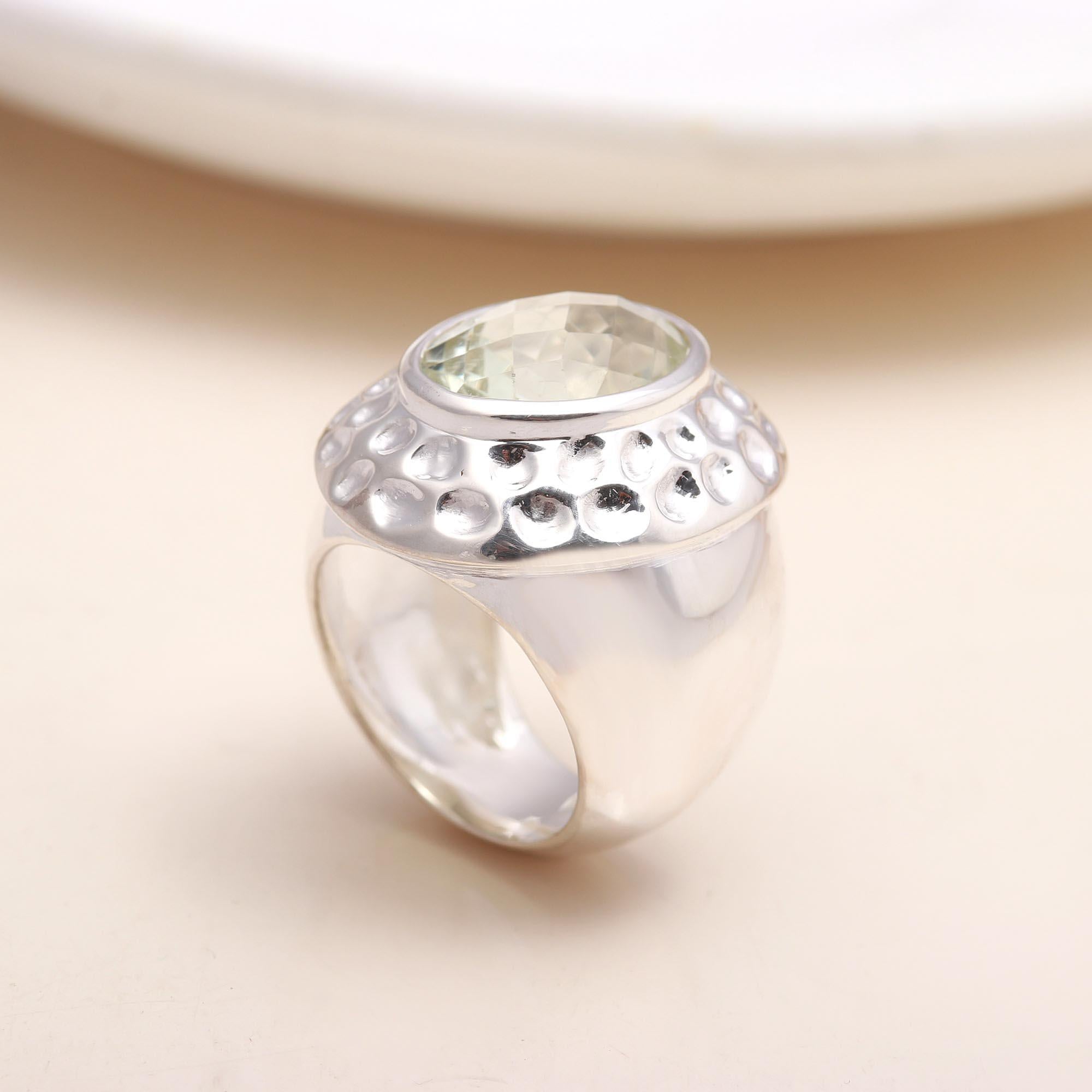 Handmade sterling silver statement ring with green amethyst