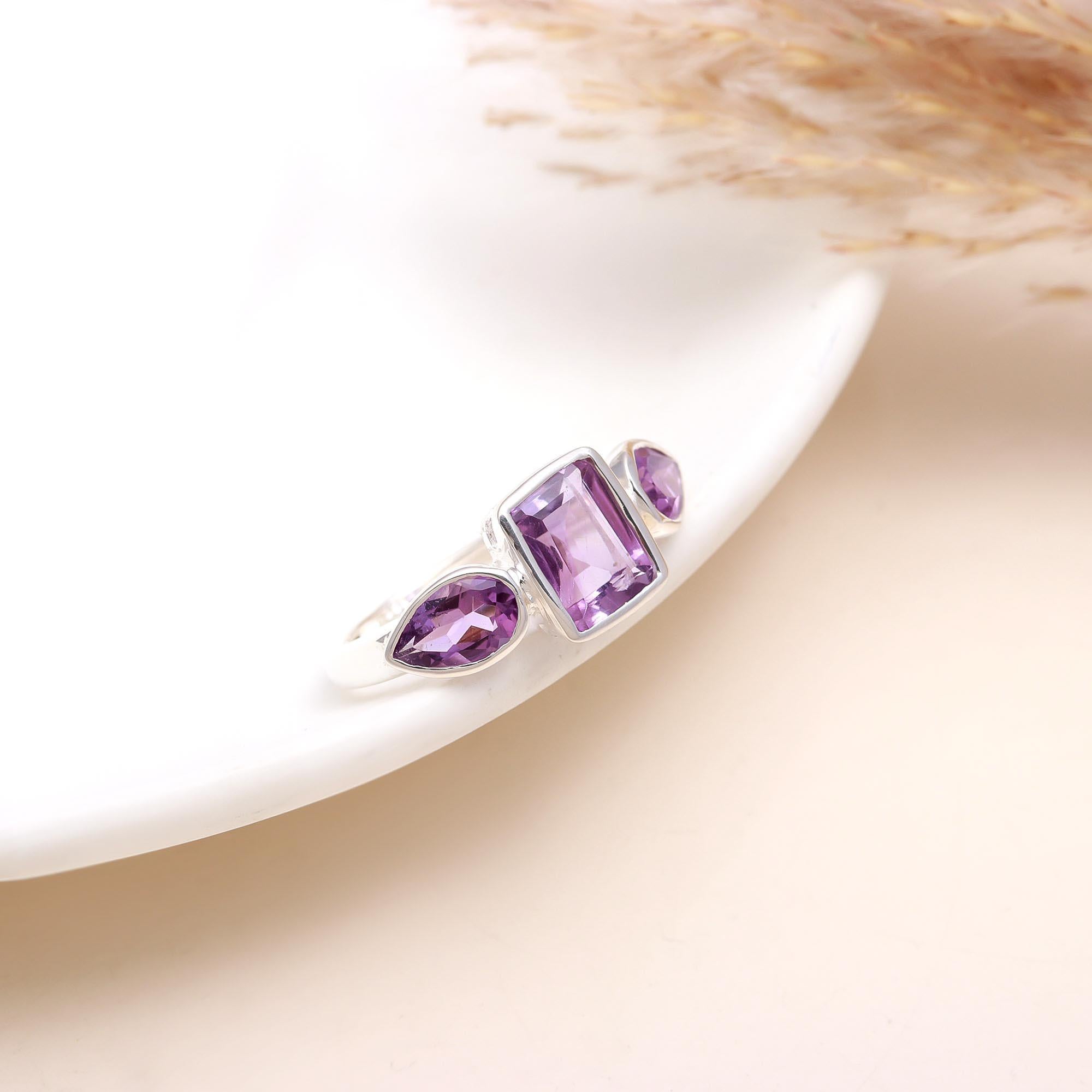 925 Silver Amethyst Pear and Baguette Ring front view