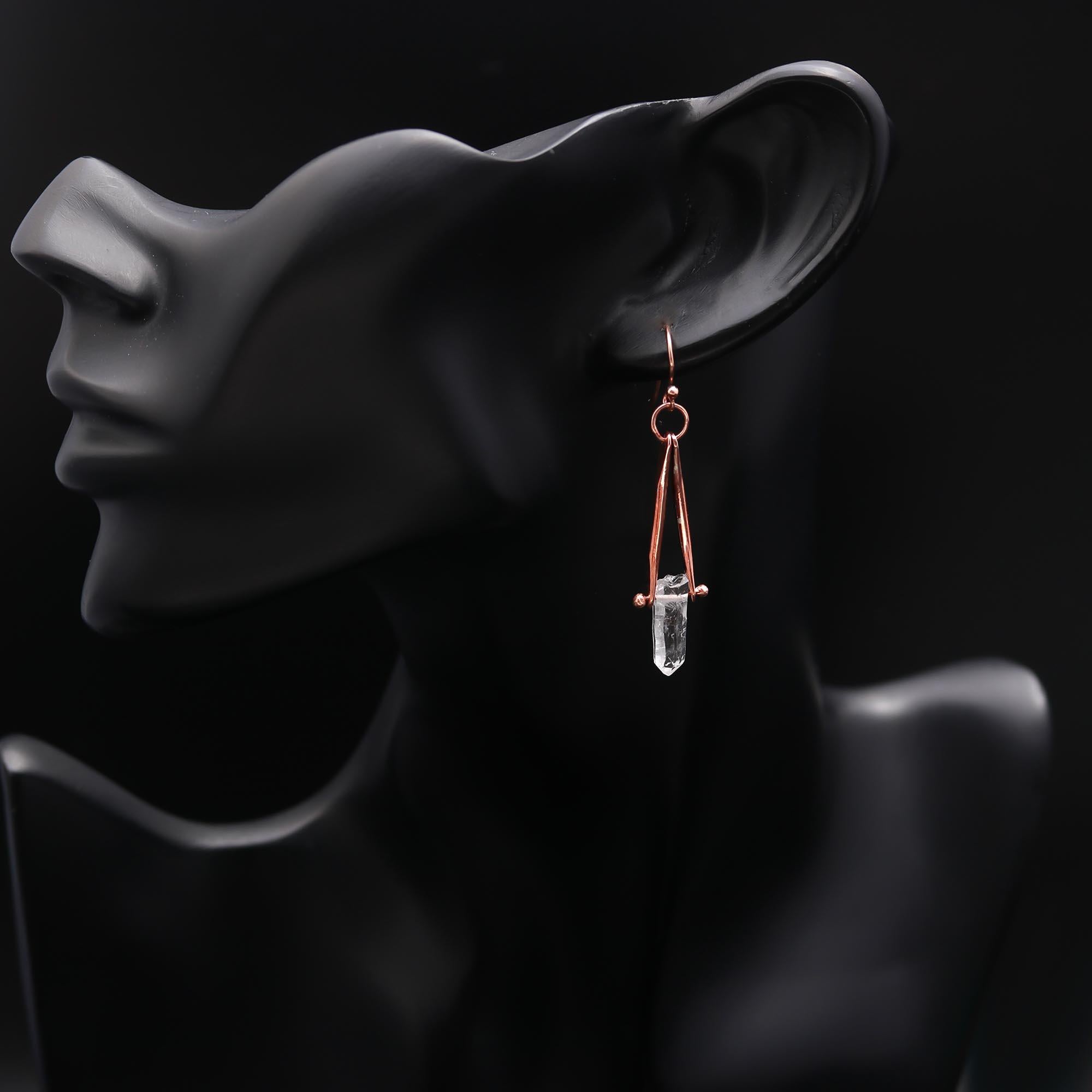 The Crystalline Apex: Raw Quartz & Rose Gold Drop Earrings