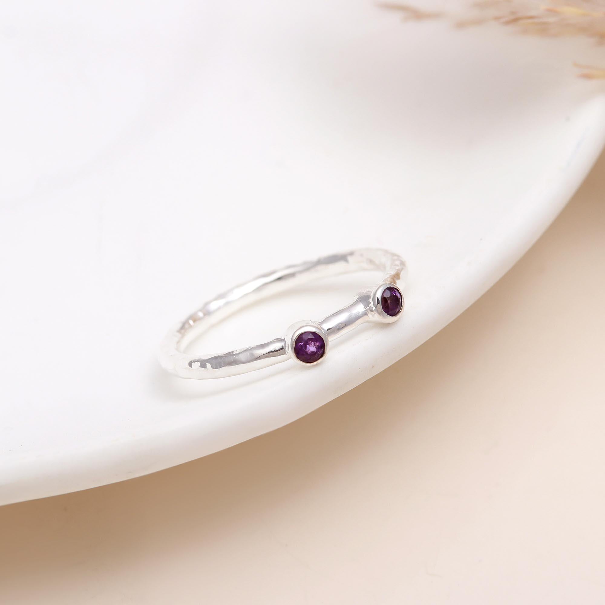 925 Silver Dainty Amethyst Double Dot Ring front view