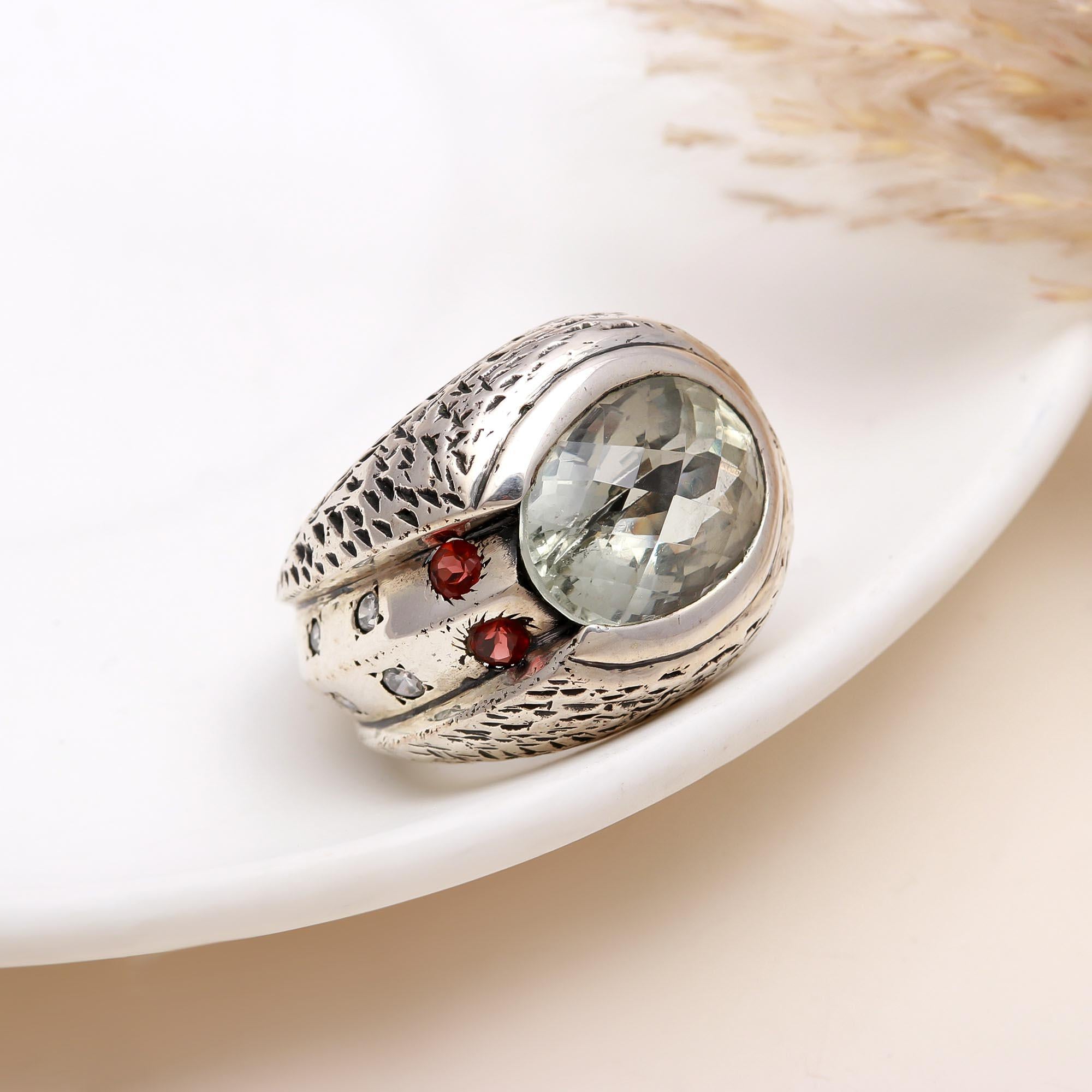 925 Silver Oval Green Amethyst Statement Ring front view