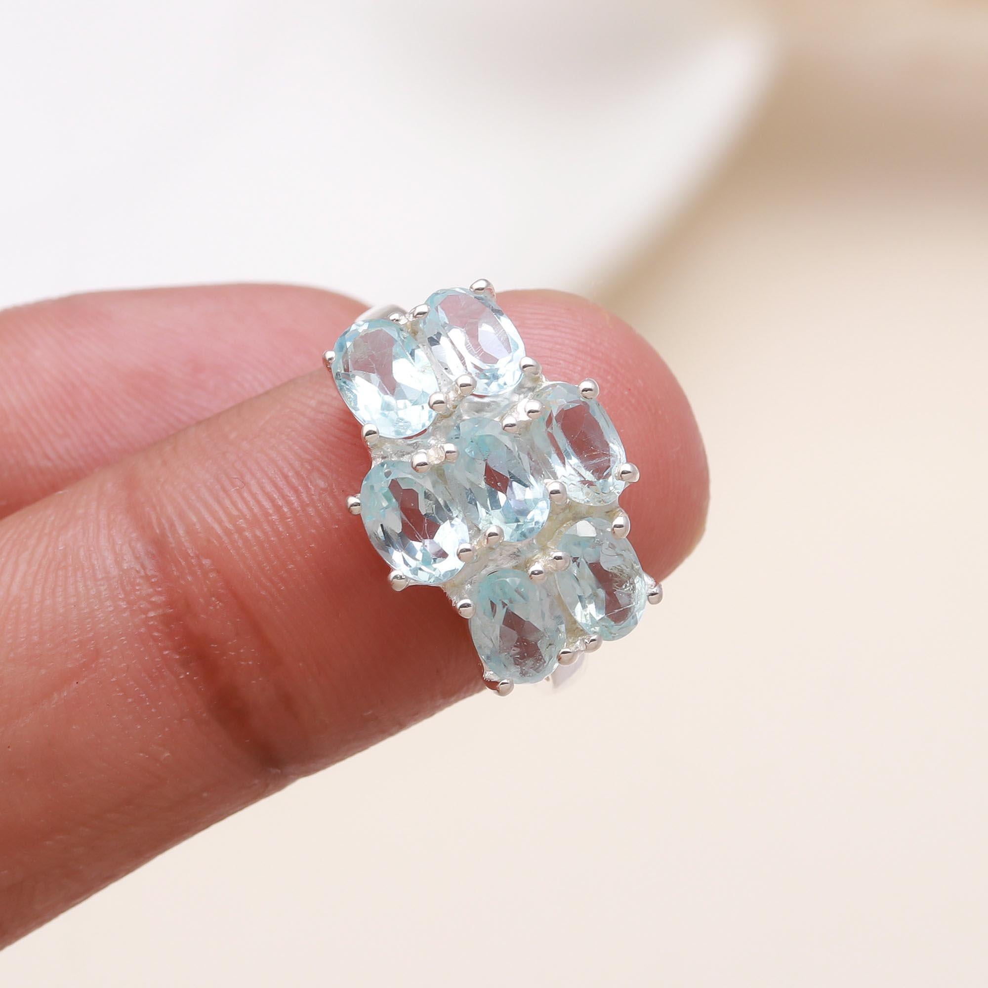 Elegant aquamarine cluster gemstone ring on finger
