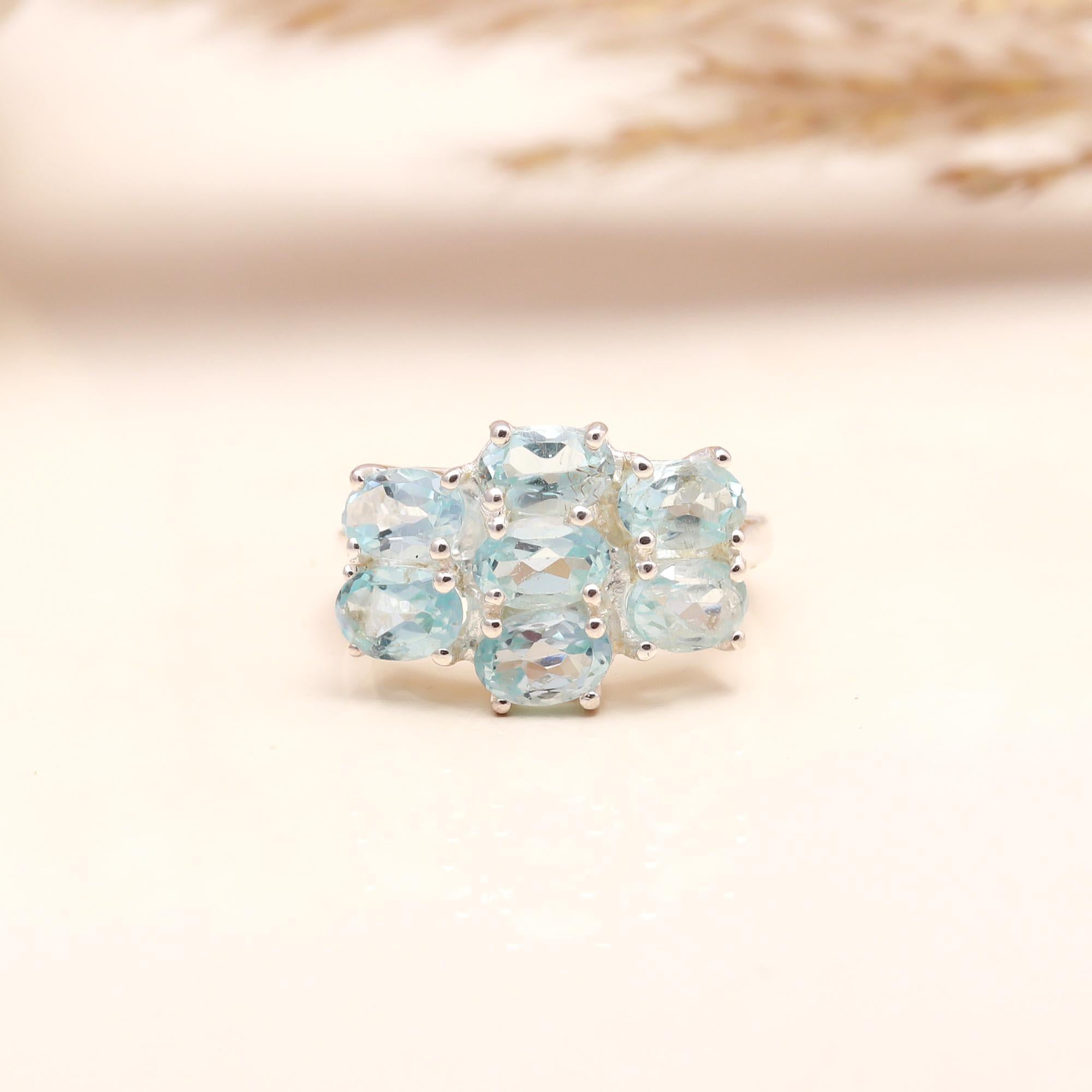 Faceted aquamarine gemstone with cluster design silver ring