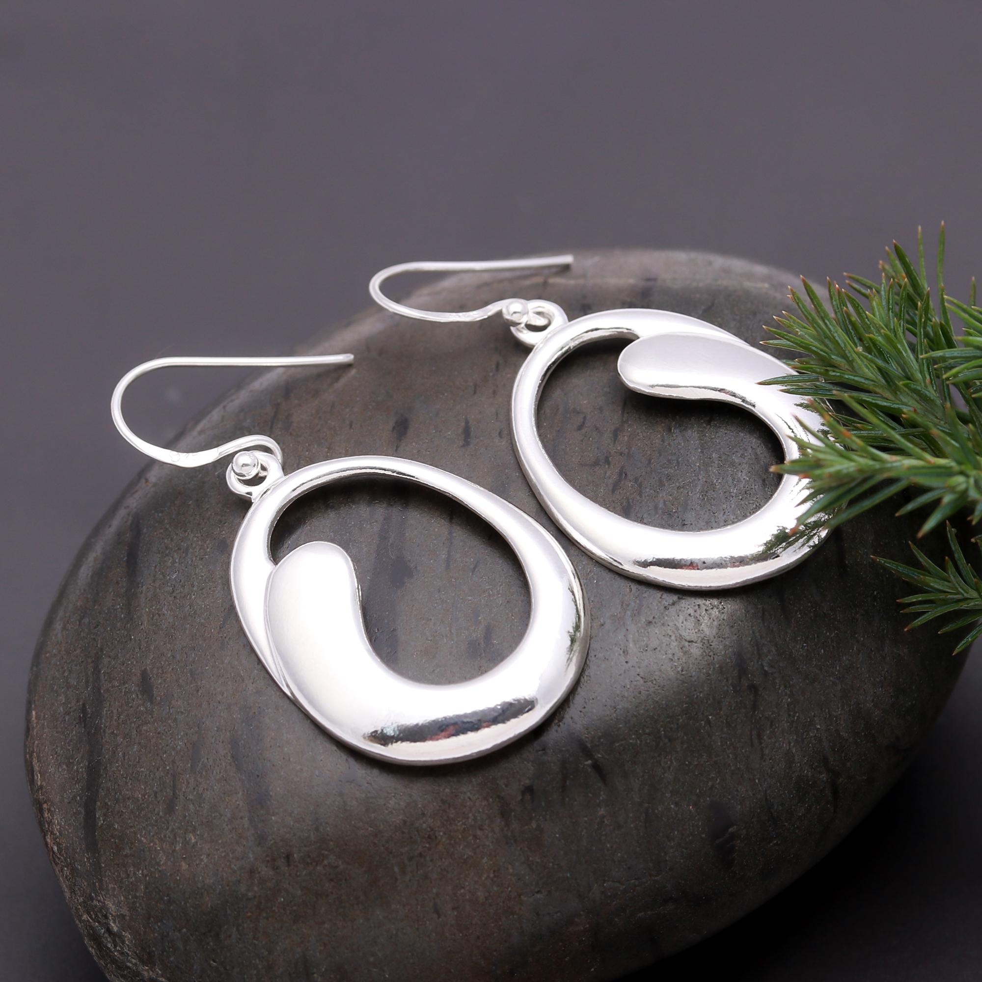925 Silver Abstract Oval Dangle Earrings