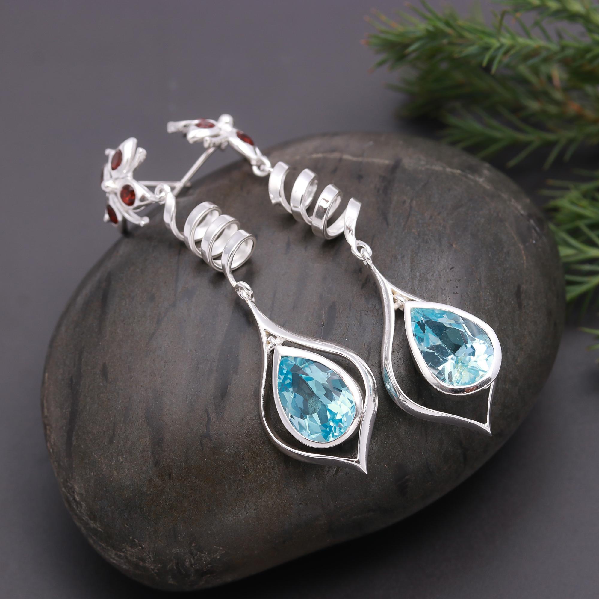 925 Silver Blue Topaz & Garnet Drop Earrings